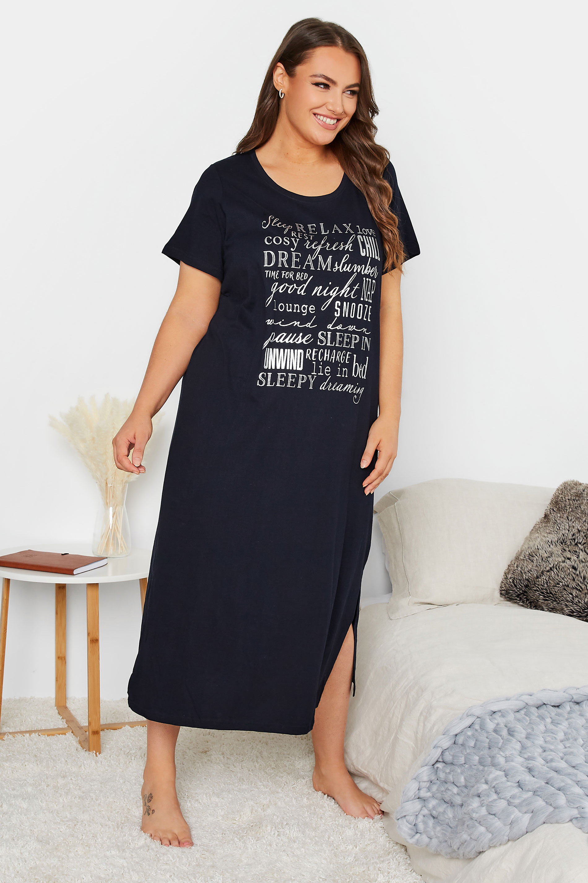 Curve Navy Blue Inspirational Slogan Midaxi Nightdress | Yours Clothing 1