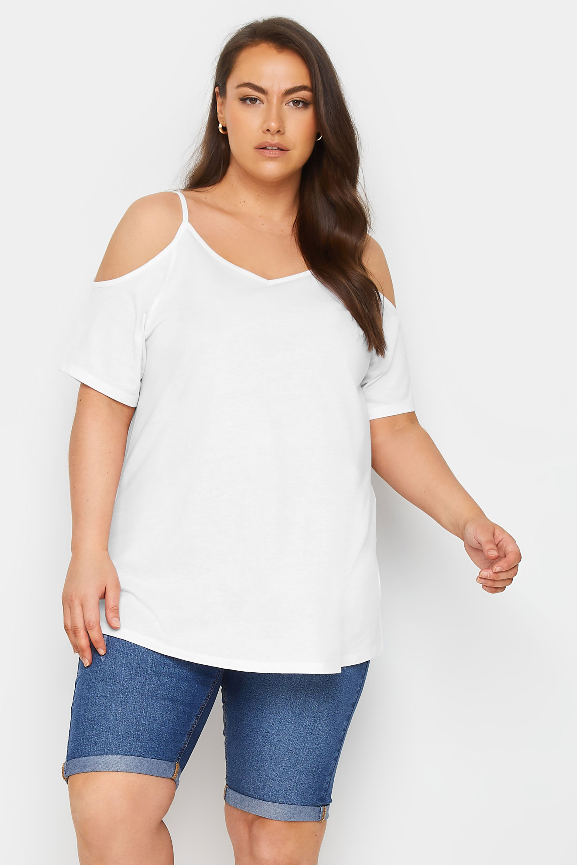 YOURS Curve Plus Size White Cold Shoulder T-Shirt | Yours Clothing  1