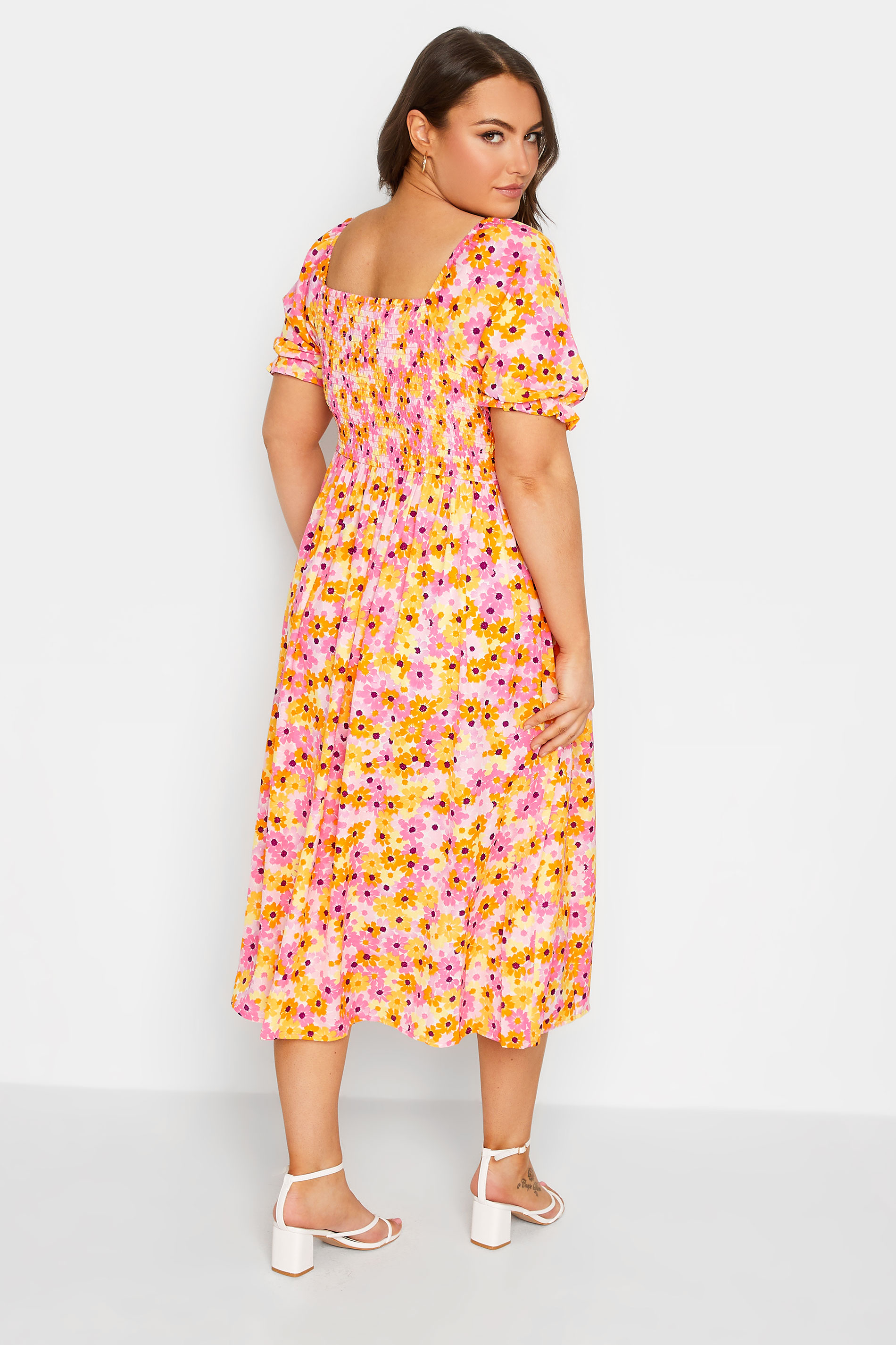 YOURS Plus Size Curve Pink Floral Print Shirred Midaxi Dress | Yours Clothing  3