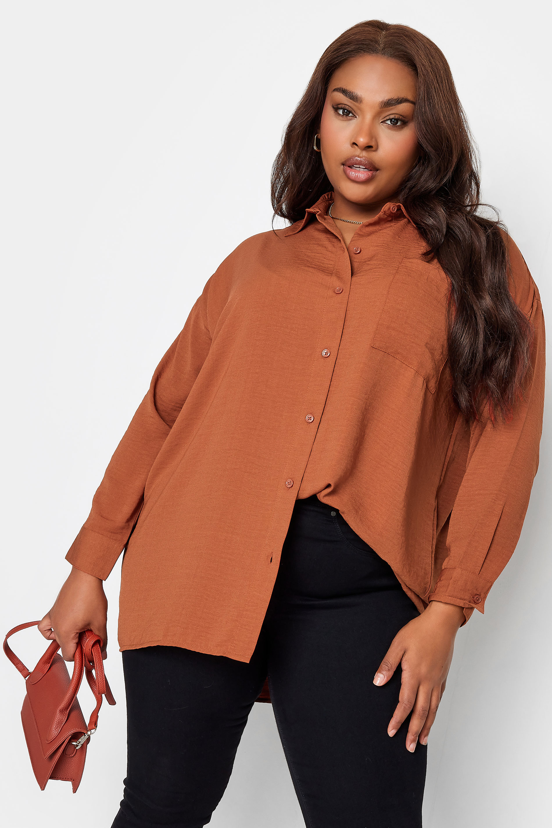 YOURS Curve Plus Size Rust Orange Textured Boyfriend Shirt | Yours Clothing 2