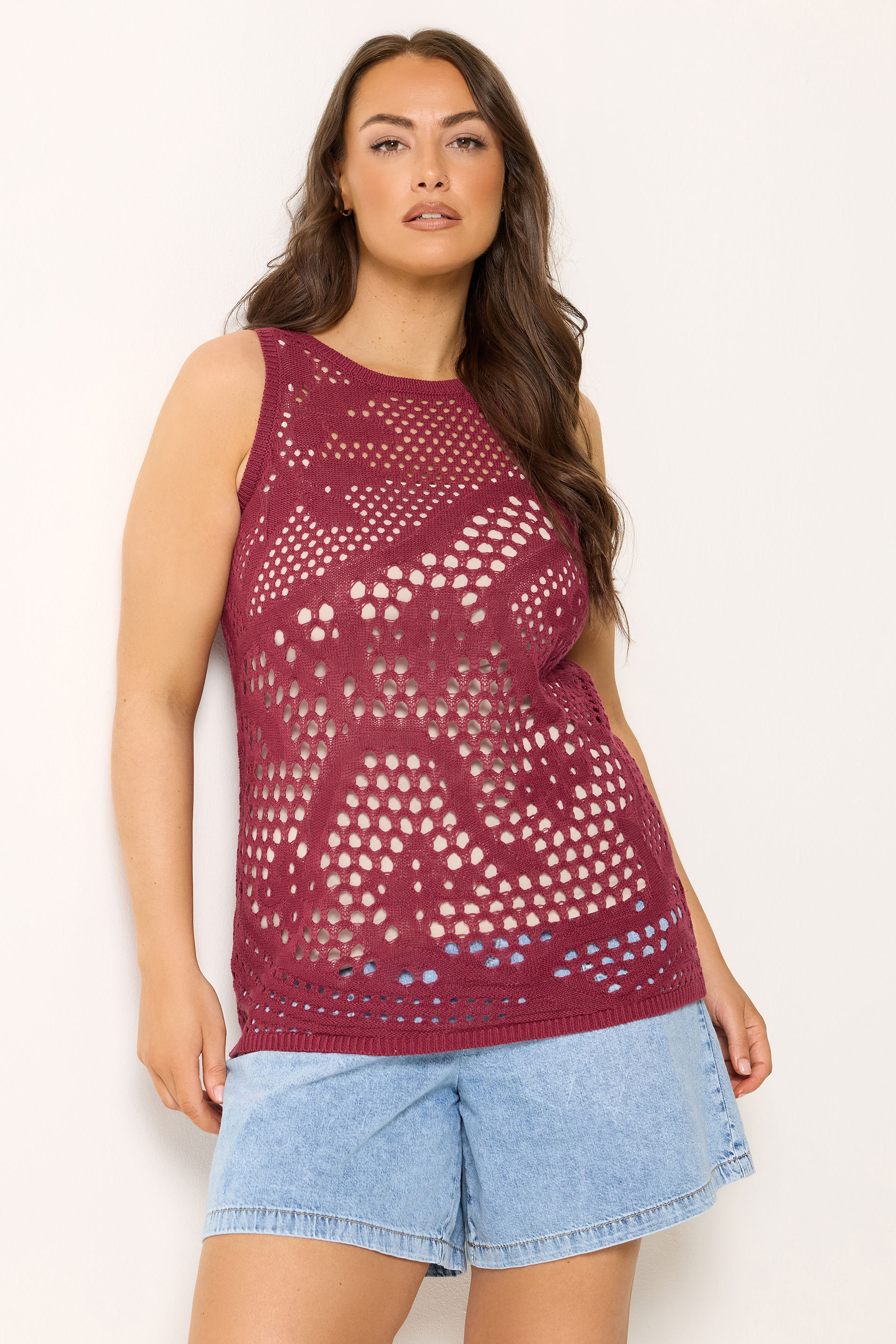 YOURS Plus Size Burgundy Red Knitted Stitch Detail Vest Top | Yours Clothing 1
