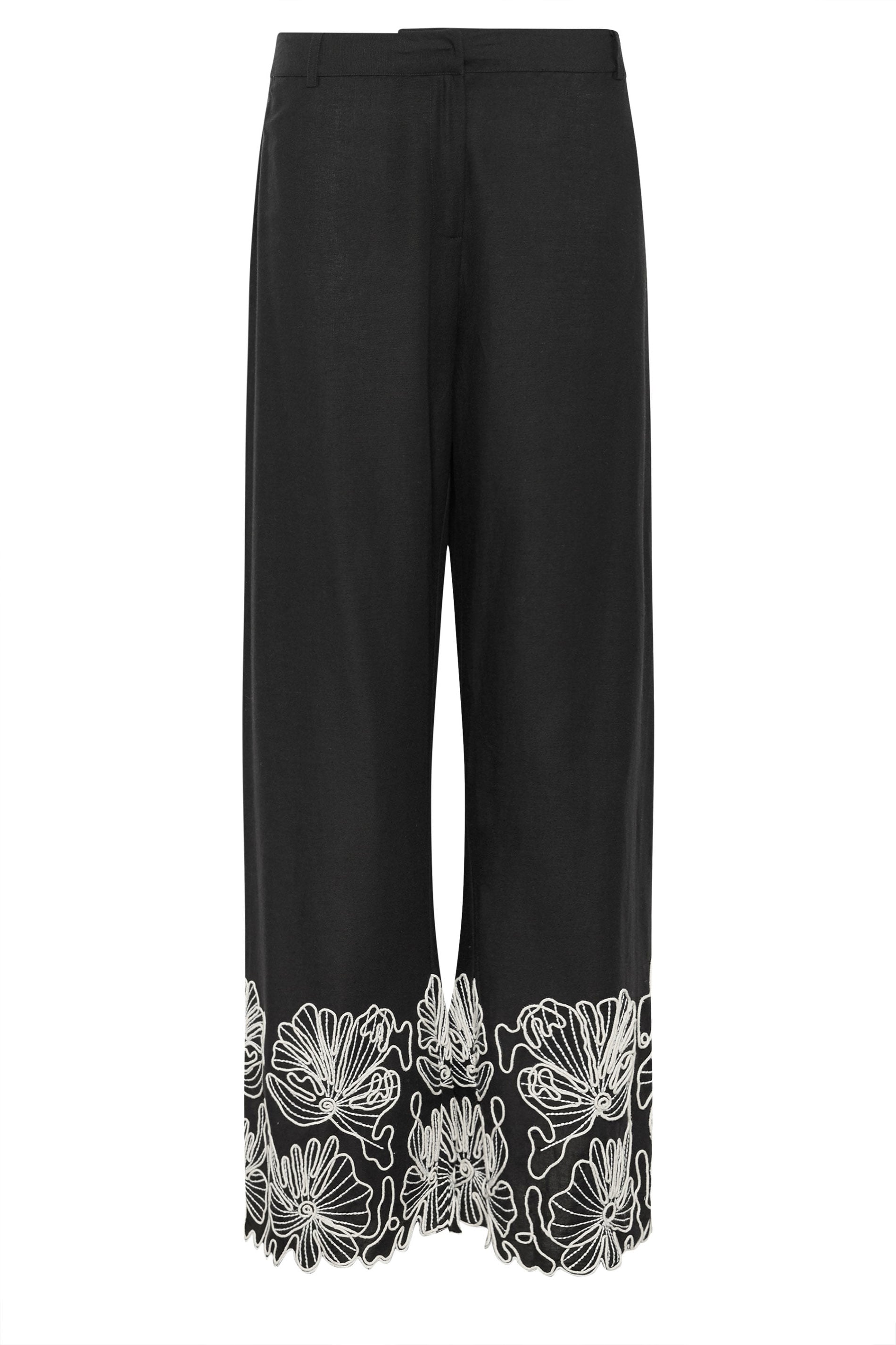 LTS Tall Women's Black Floral Embroidered Linen Wide Leg Trousers | Long Tall Sally 6