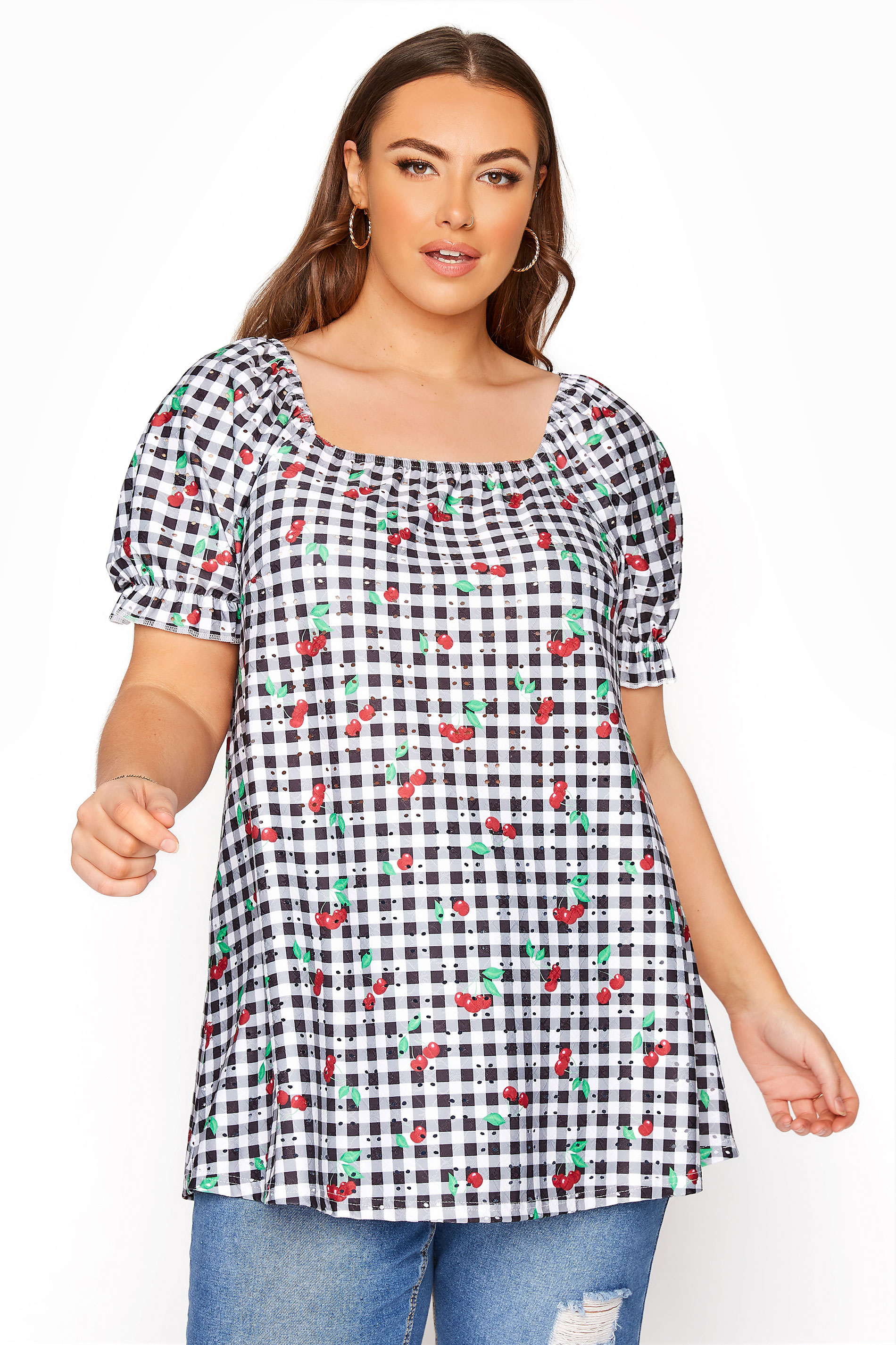 LIMITED COLLECTION Black Gingham Cherry Broderie Anglaise Milkmaid Top ...