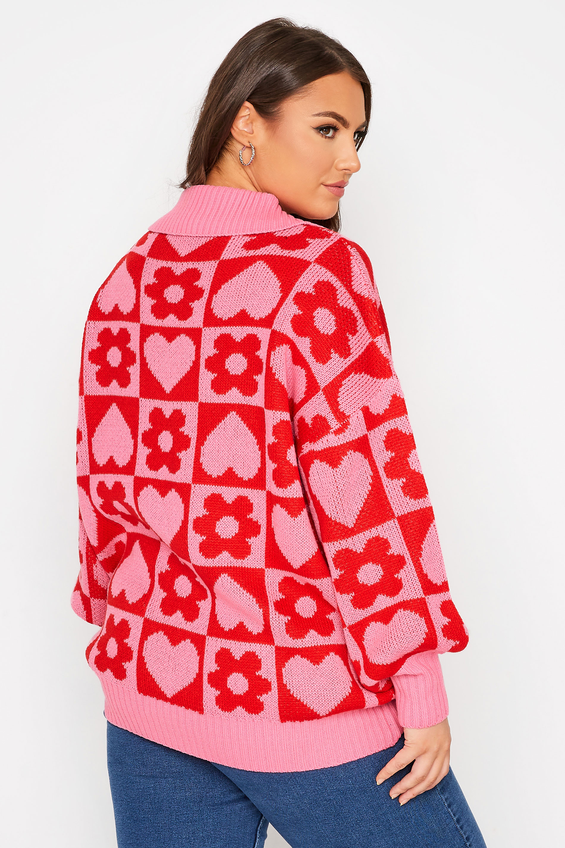 Curve Plus Size Pink & Red Floral Heart Print Knitted Jumper | Yours Clothing 3