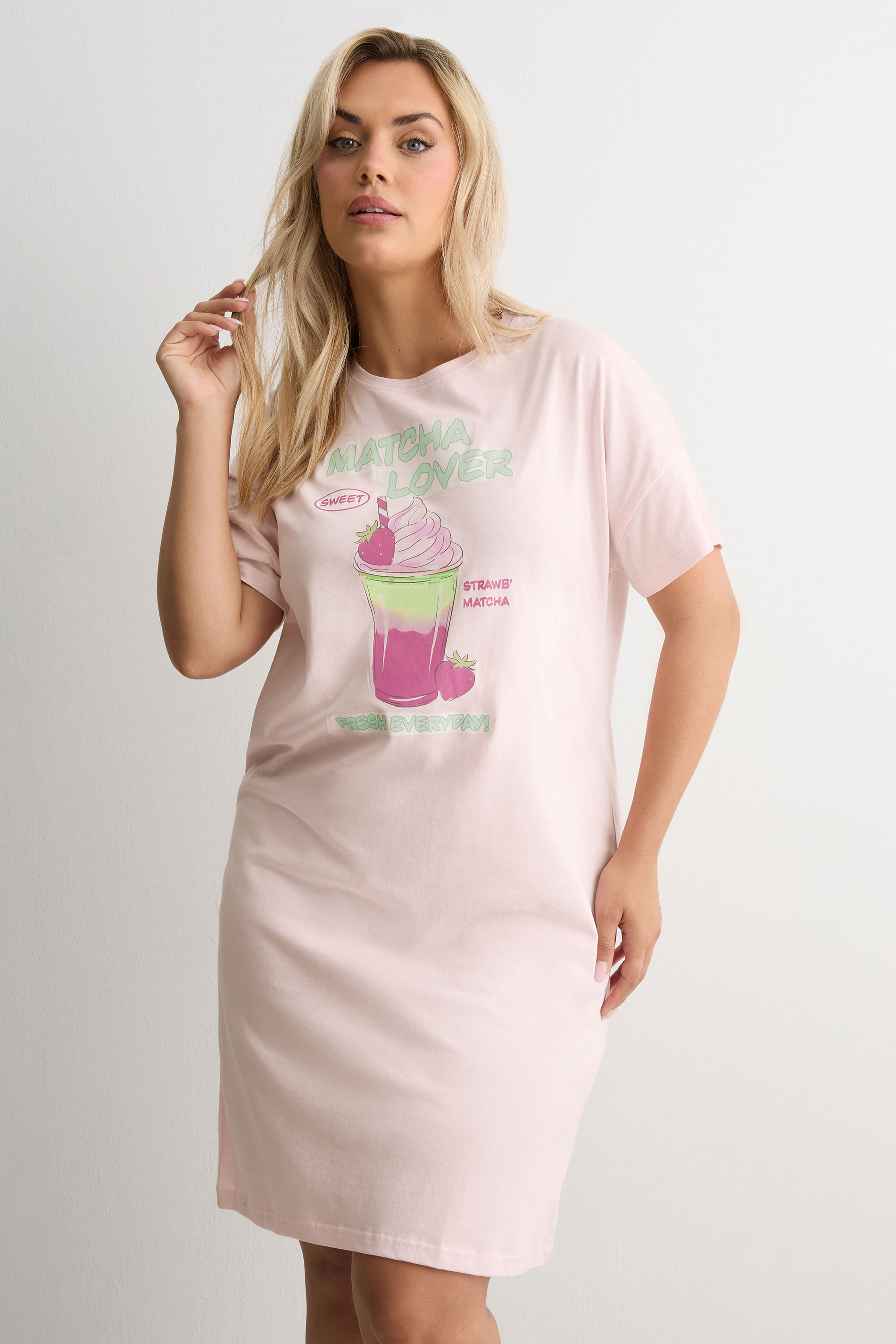 YOURS Plus Size Pink 'Matcha Lover' Sleep Tee Nightdress | Yours Clothing 3