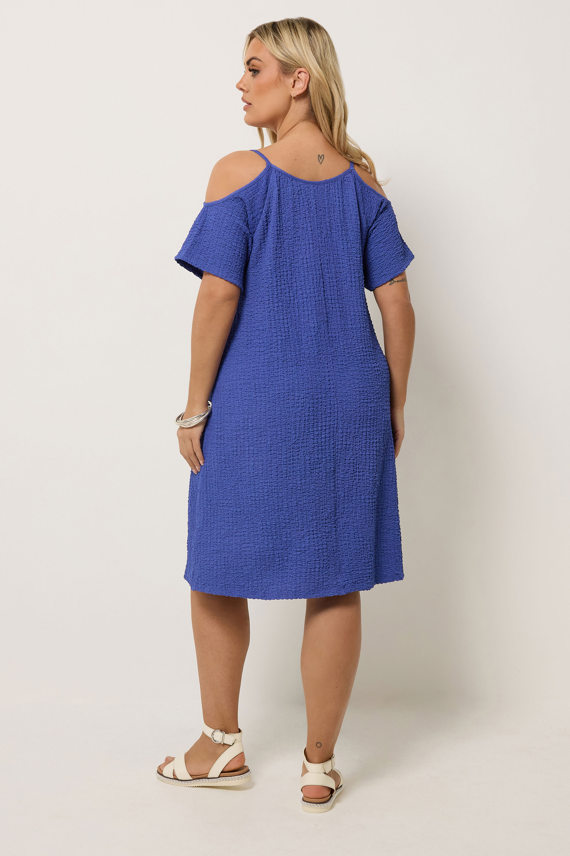 YOURS Curve Blue Texture Cold Shoulder Dress  2
