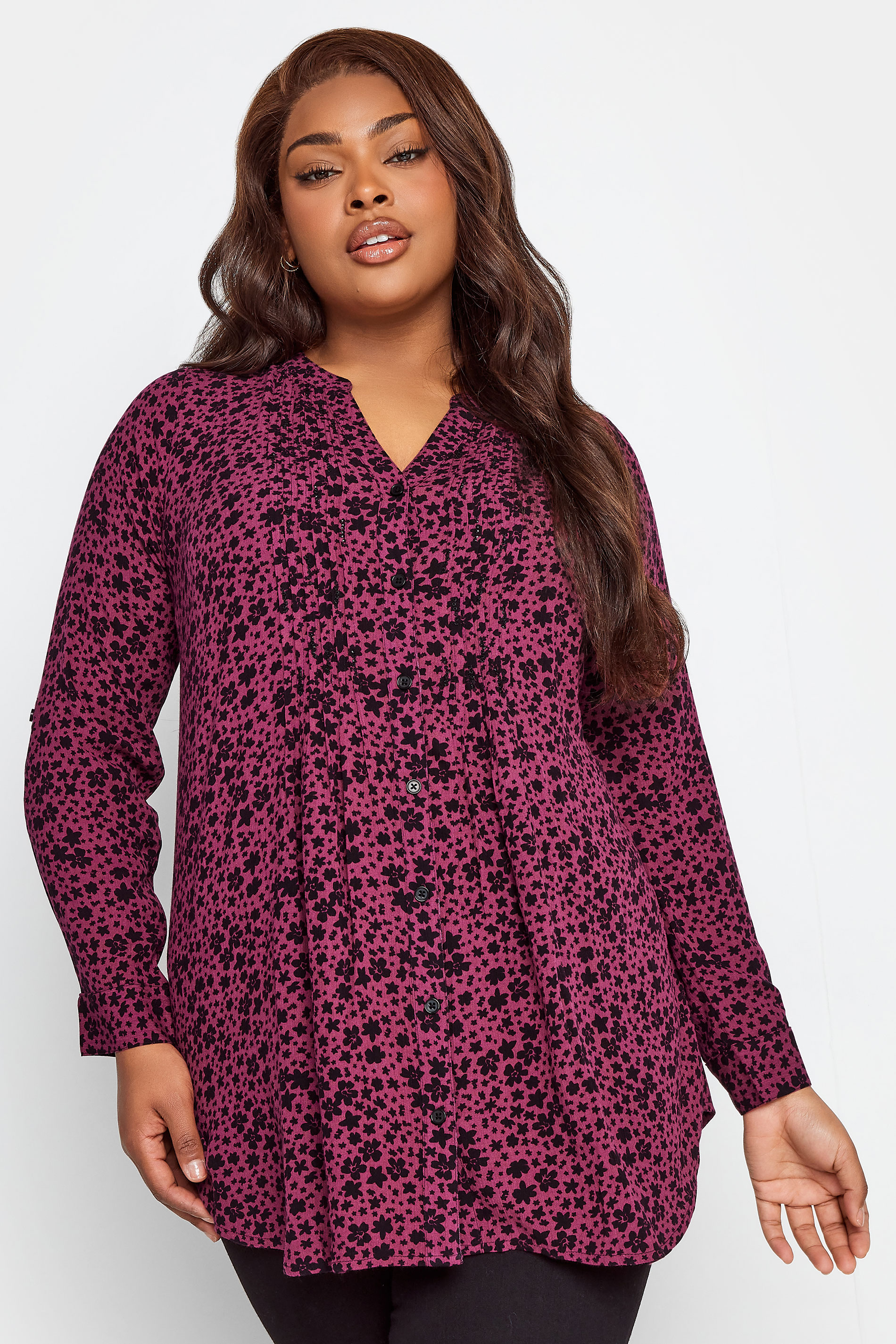 YOURS Curve Plus Size Dark Pink Floral Pintuck Shirt | Yours Clothing  1