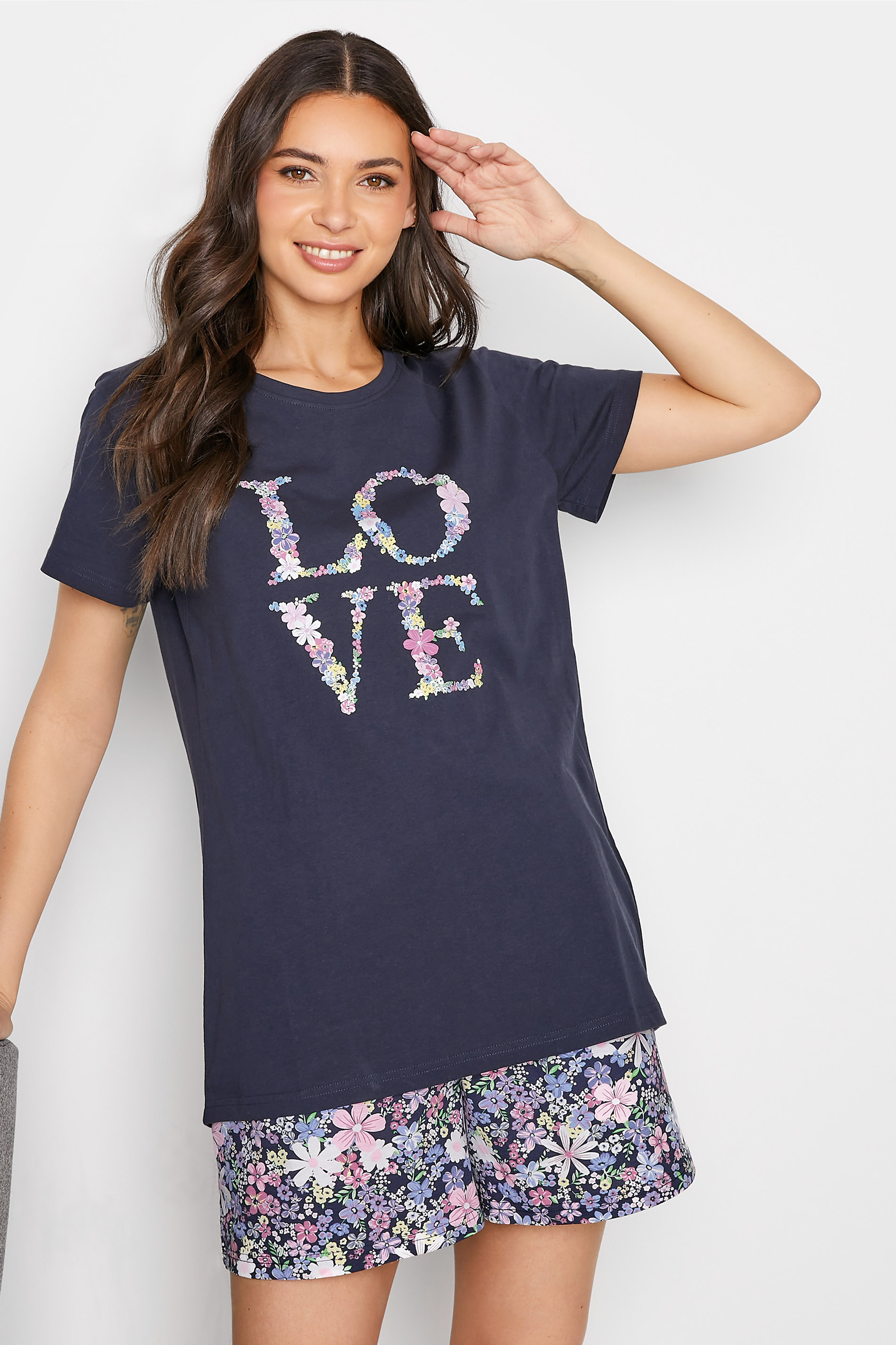 LTS Tall Navy Blue 'Love' Slogan Floral Print Cotton Pyjama Top_A.jpg