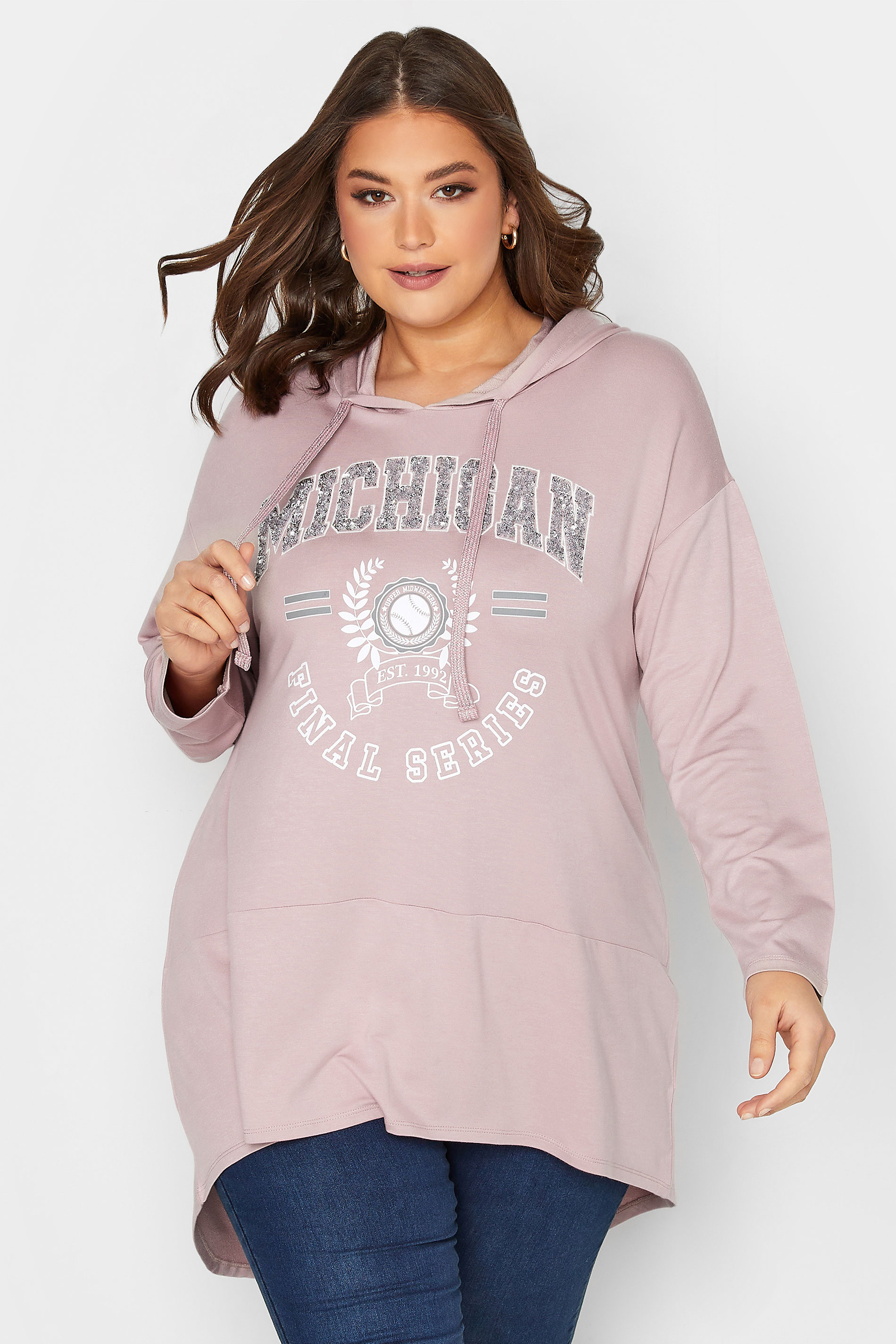 YOURS Plus Size Curve Purple 'Michigan' Slogan Longline Hoodie | Yours Clothing  1