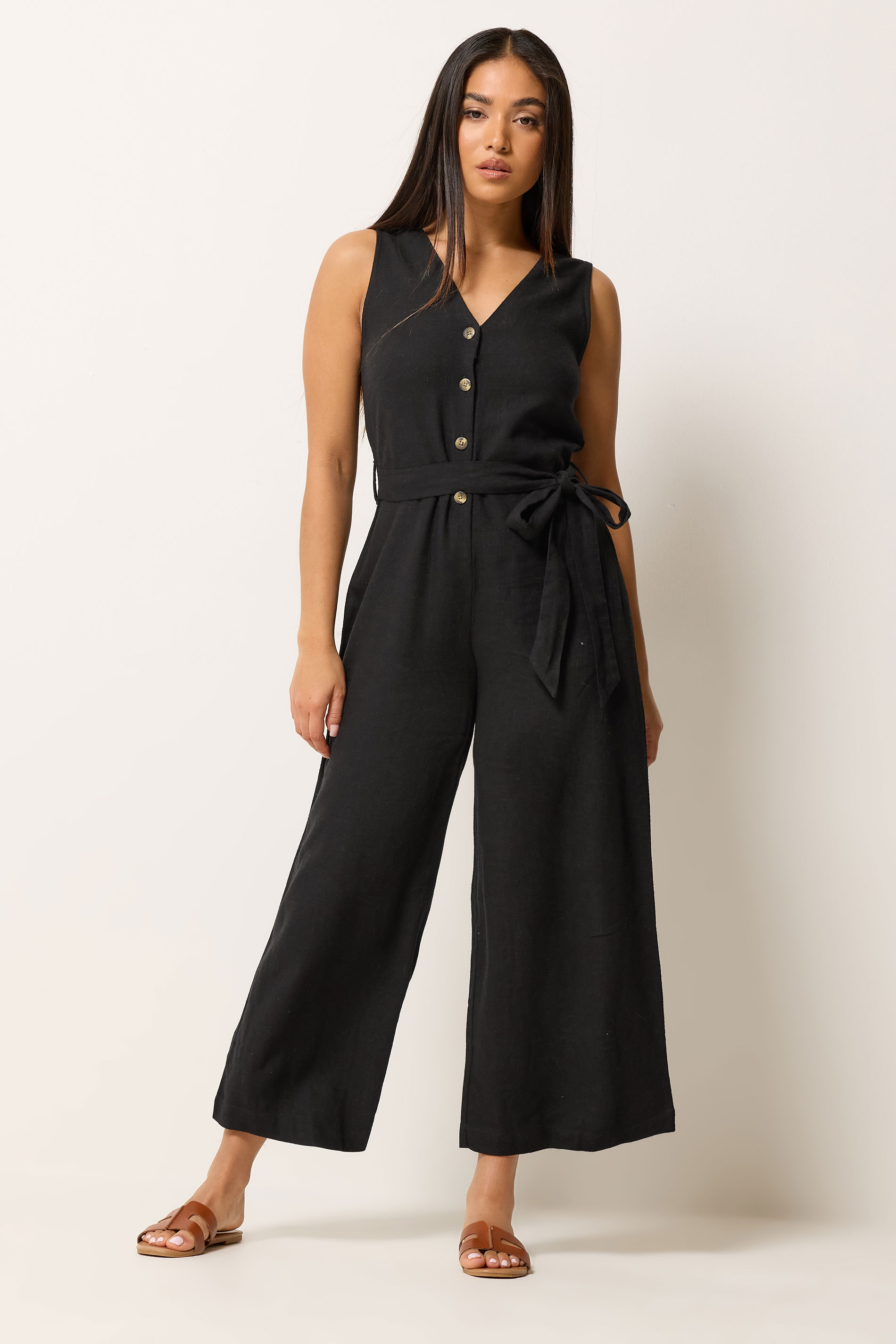 M&Co Petite Black Tie Waist Linen Jumpsuit | M&Co 3