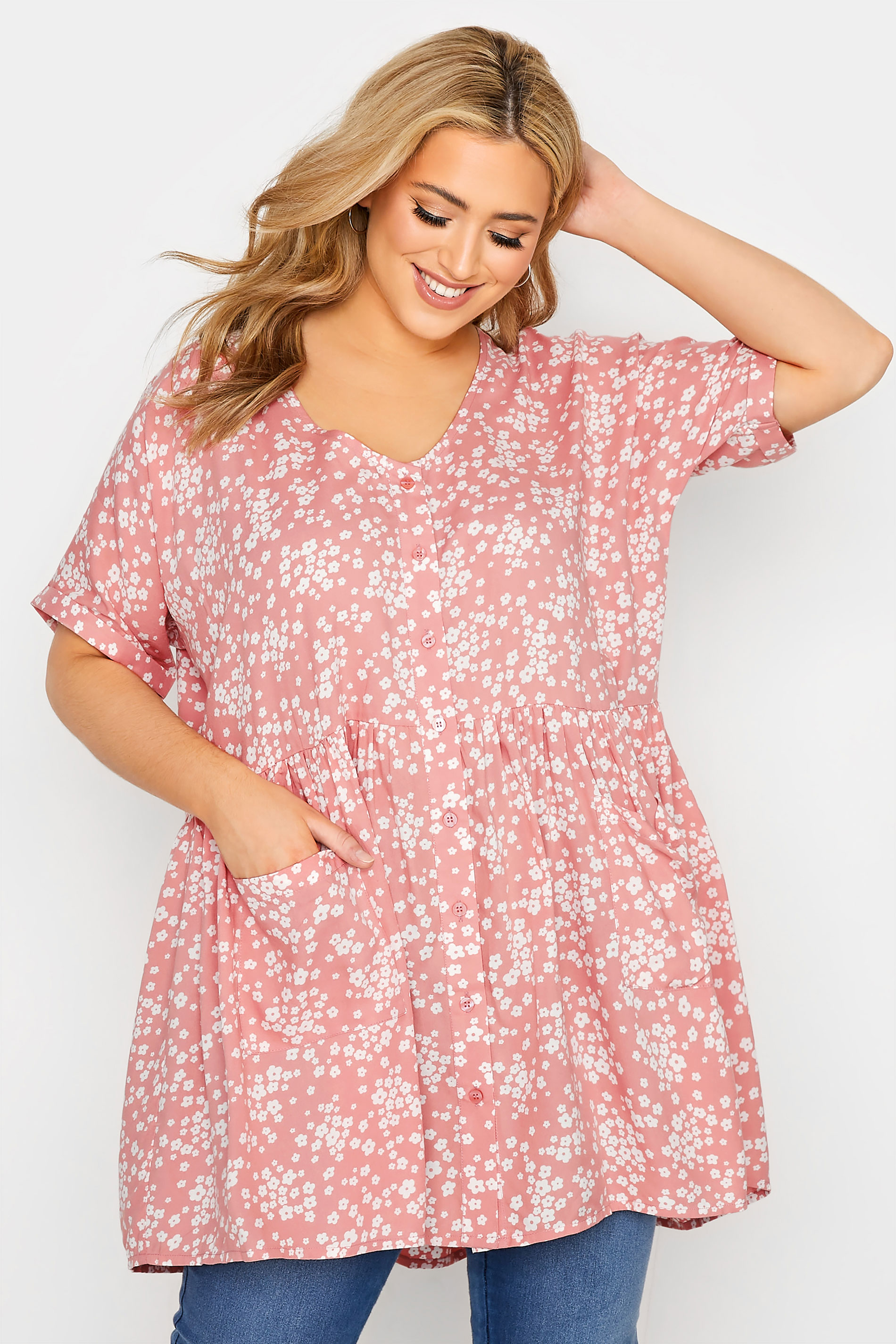 Plus Size Pink Floral Print Drop Pocket Peplum Top | Yours Clothing  1