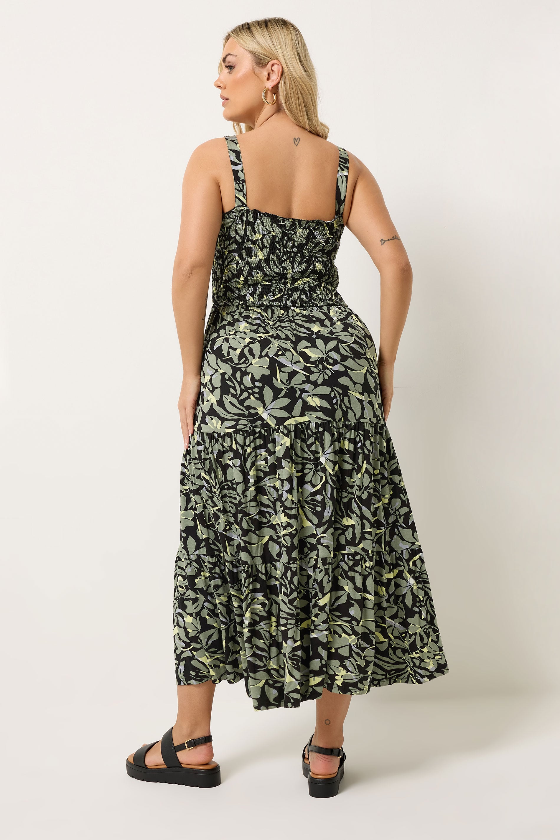 YOURS Plus Size Black Shirred Floral Midi Dress | Yours Clothing 2