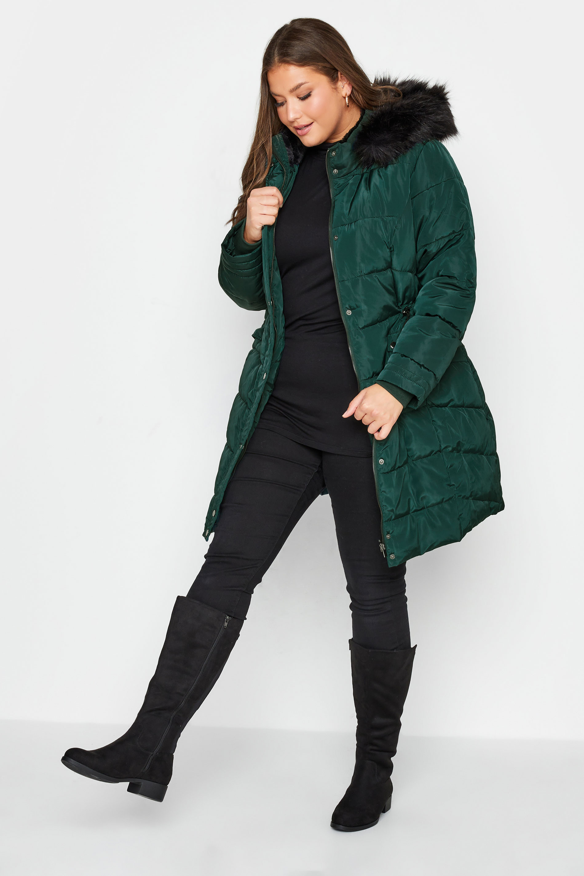 Plus Size Forest Green Panelled Puffer Midi Coat | Yours Clothing 1