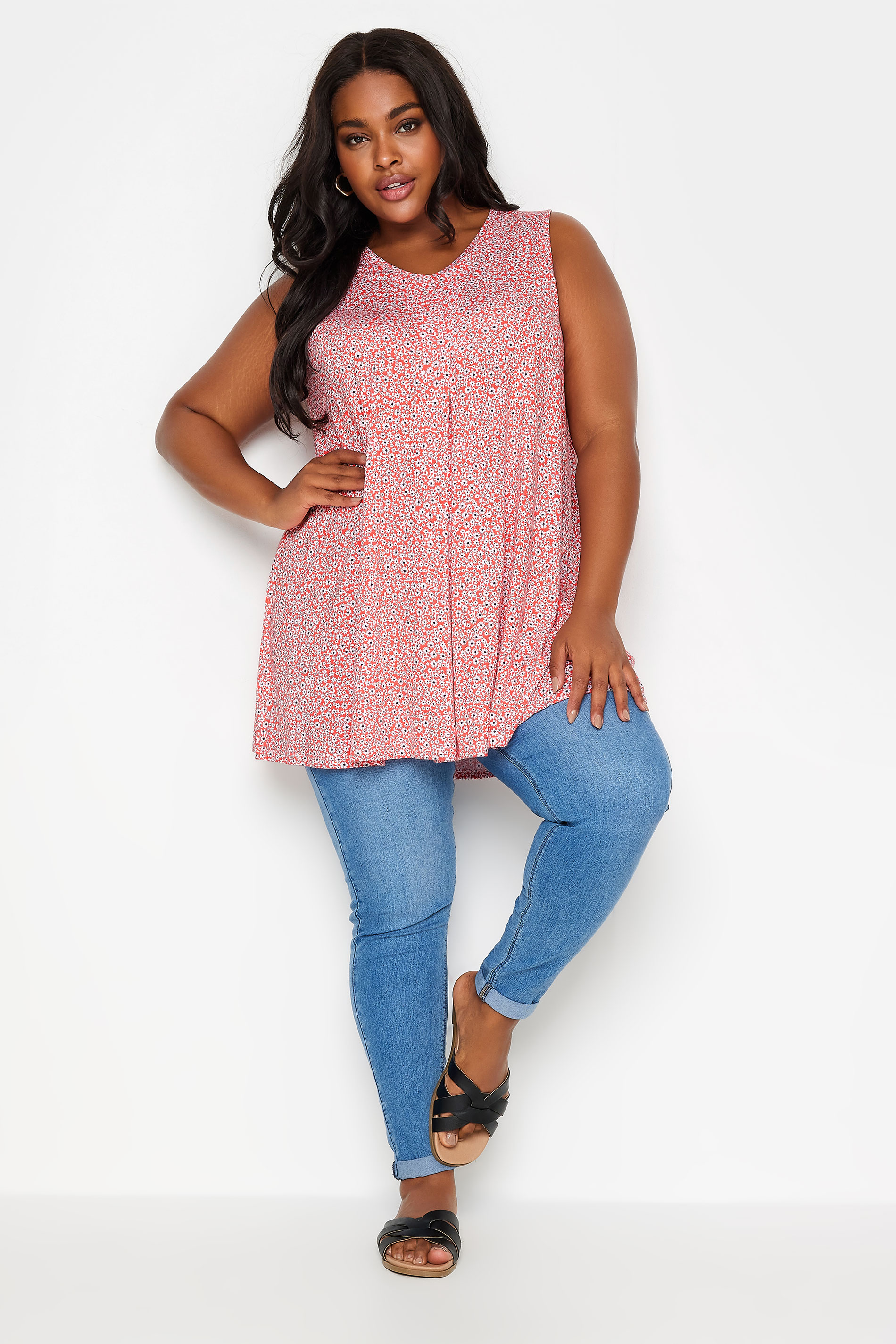 YOURS Plus Size Pink Ditsy Floral Print Swing Vest Top | Yours Clothing 2
