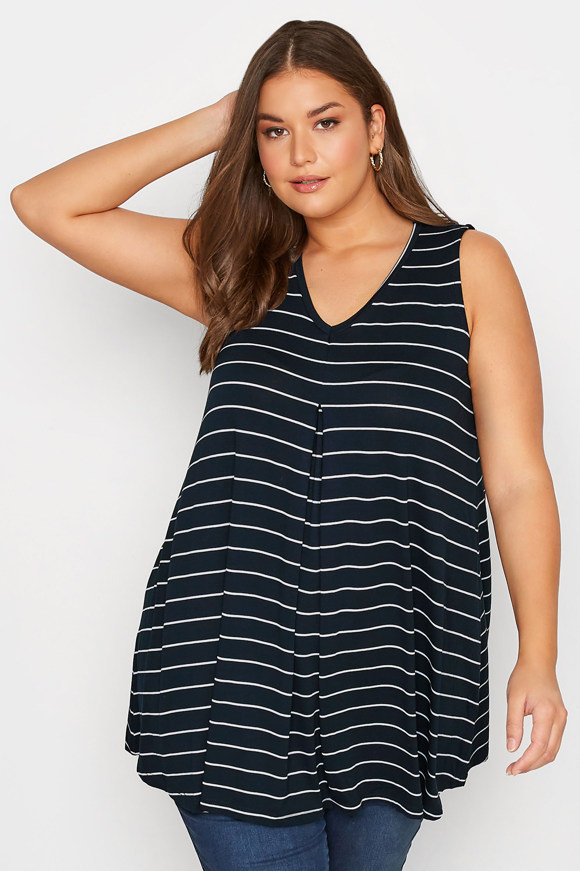 Plus Size Blue Stripe Sleeveless Pleat Detail Vest Top | Yours Clothing  1