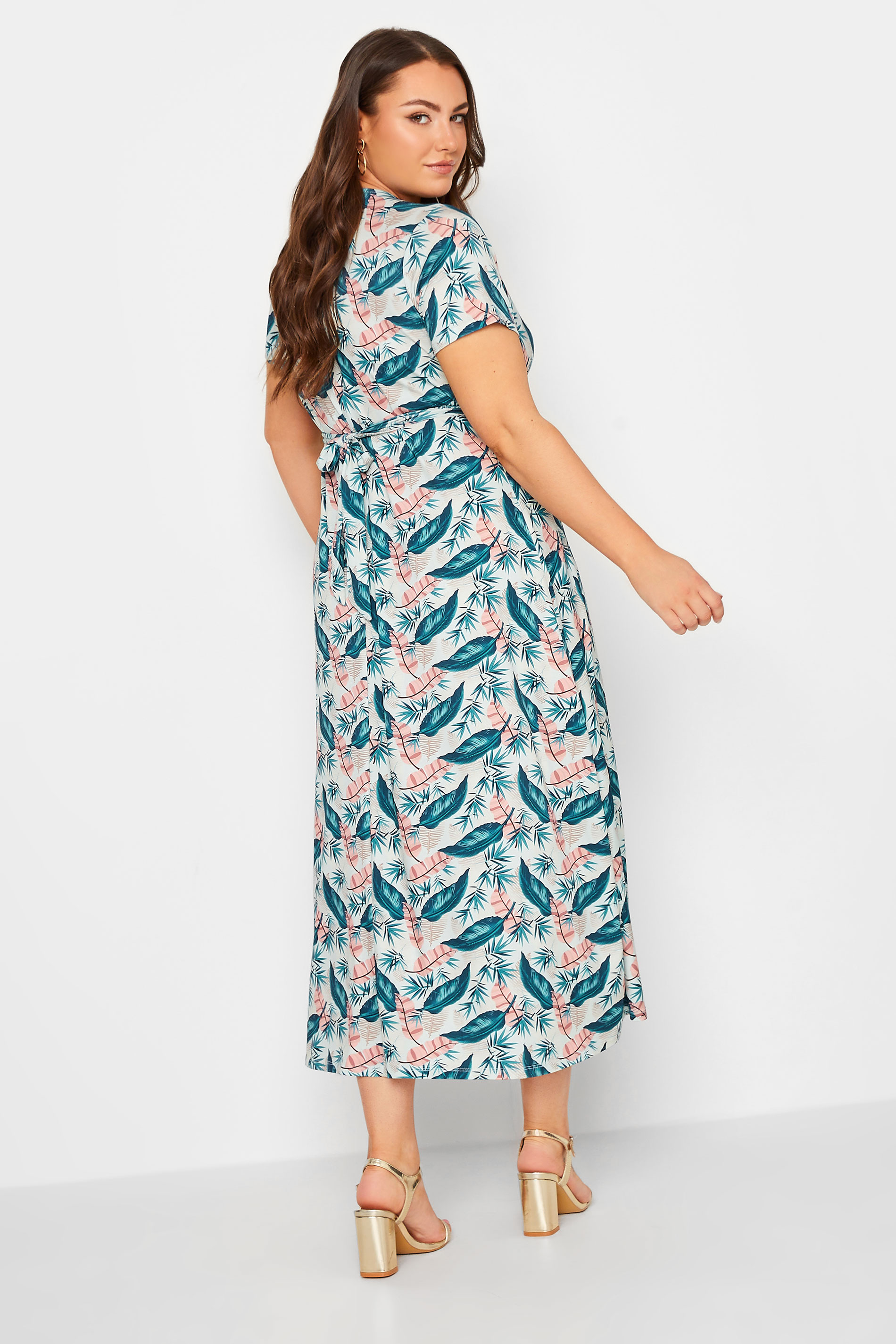 YOURS Curve Blue Leaf Print Maxi Wrap Dress | Yours Clothing  3