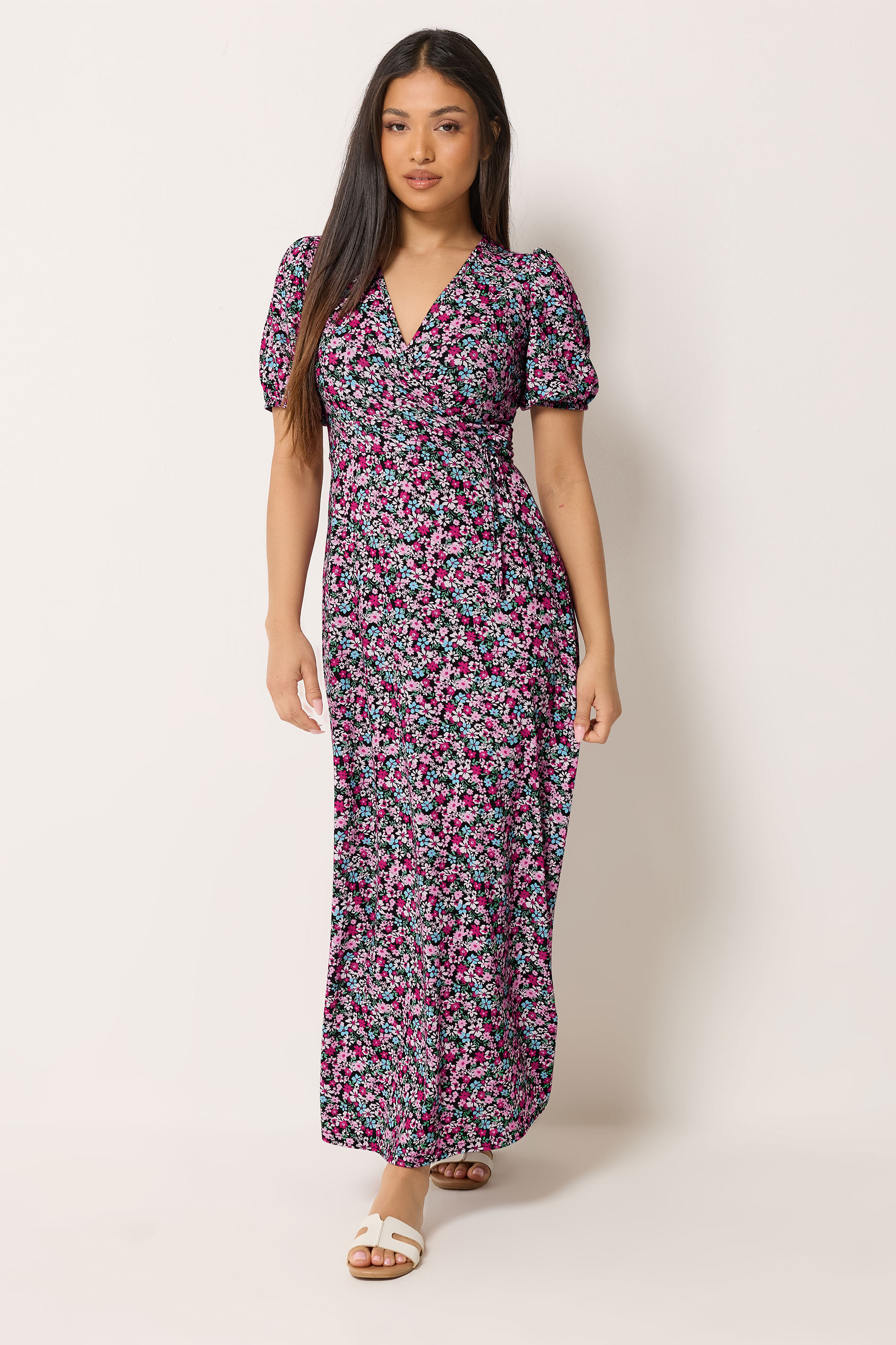 M&Co Petite Pink Ditsy Floral Print Maxi Wrap Dress | M&Co 1