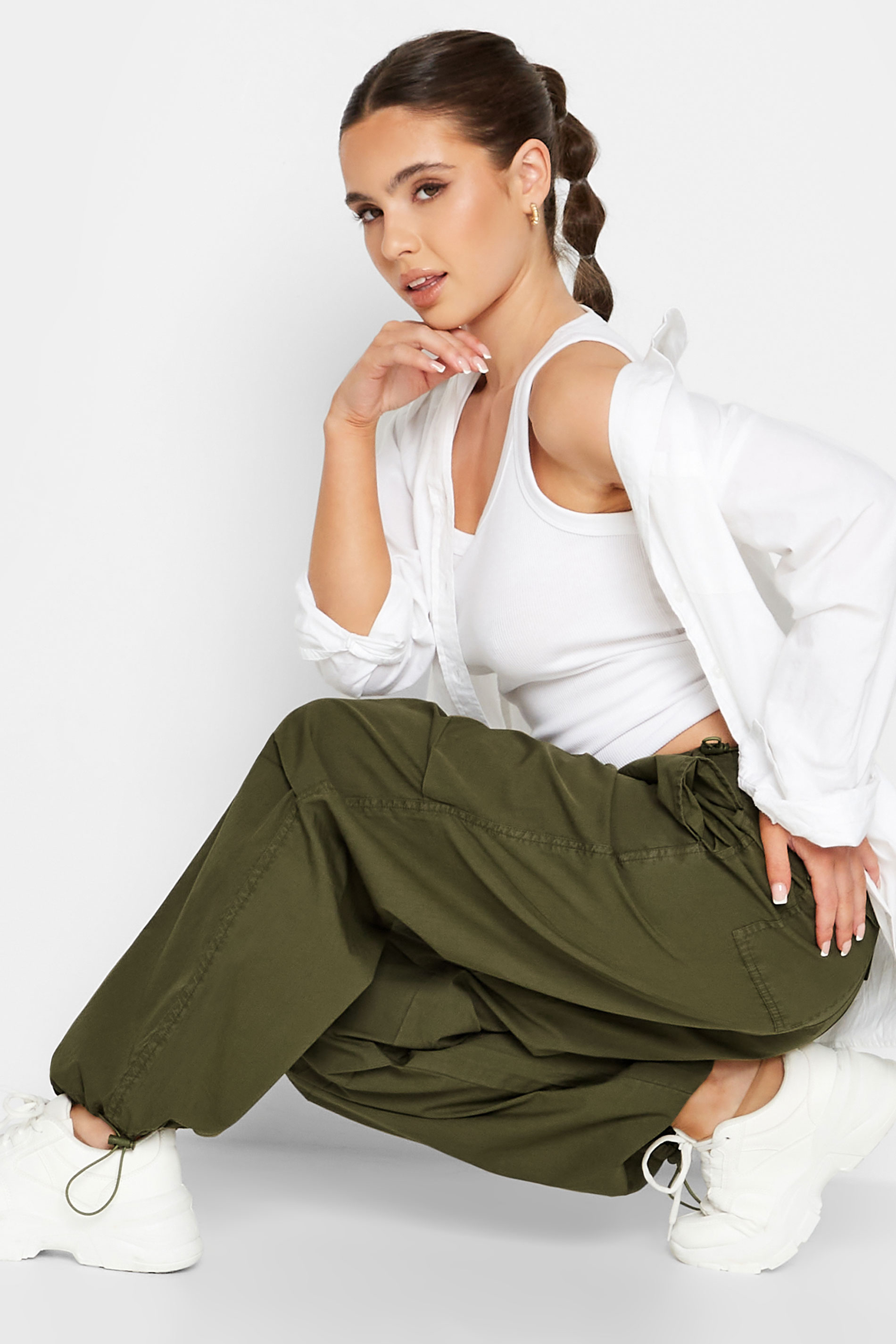 Petite Khaki Green Parachute Trousers | PixieGirl