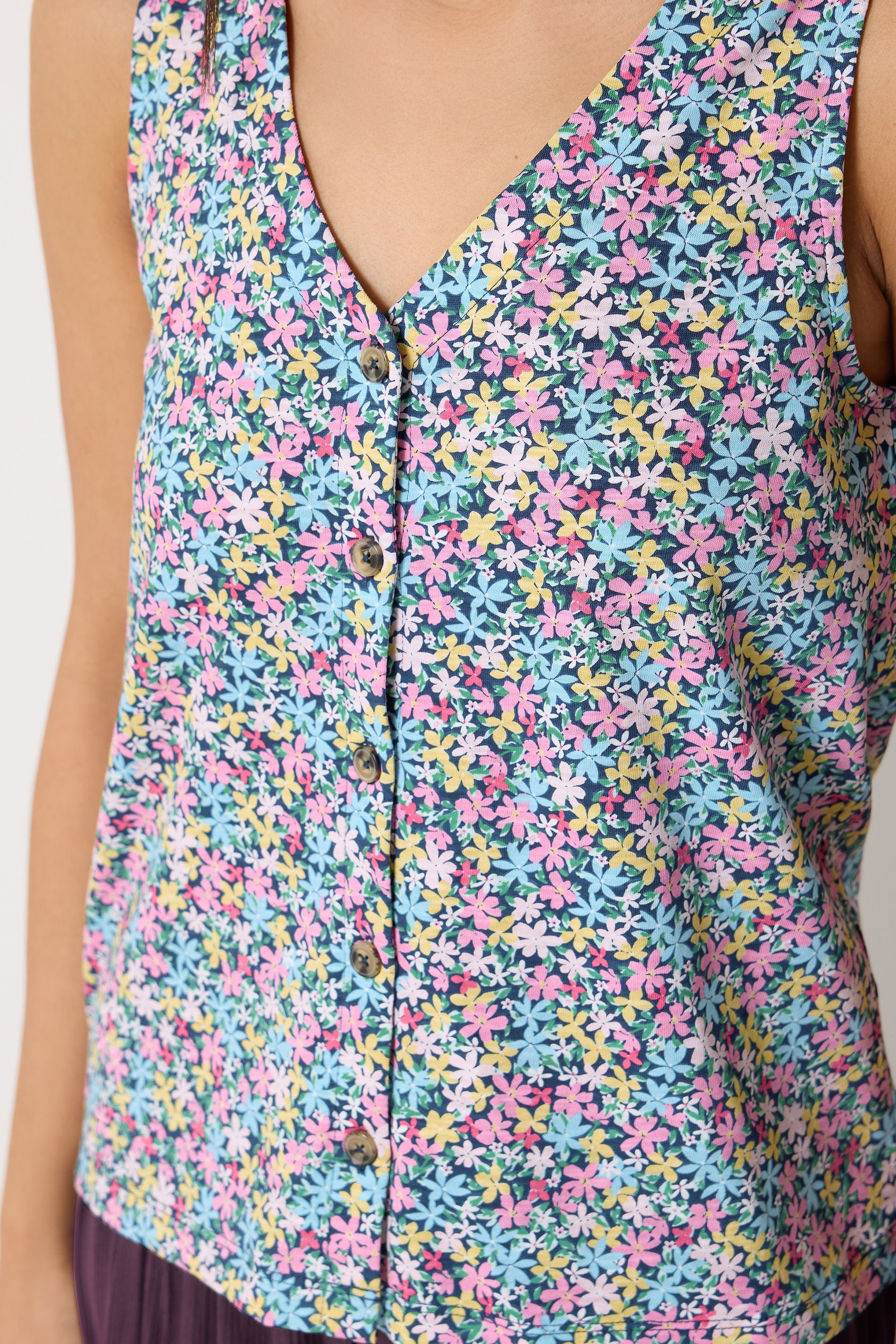 M&Co Petite Pink Floral Print Cotton Button Vest Top | M&Co 4