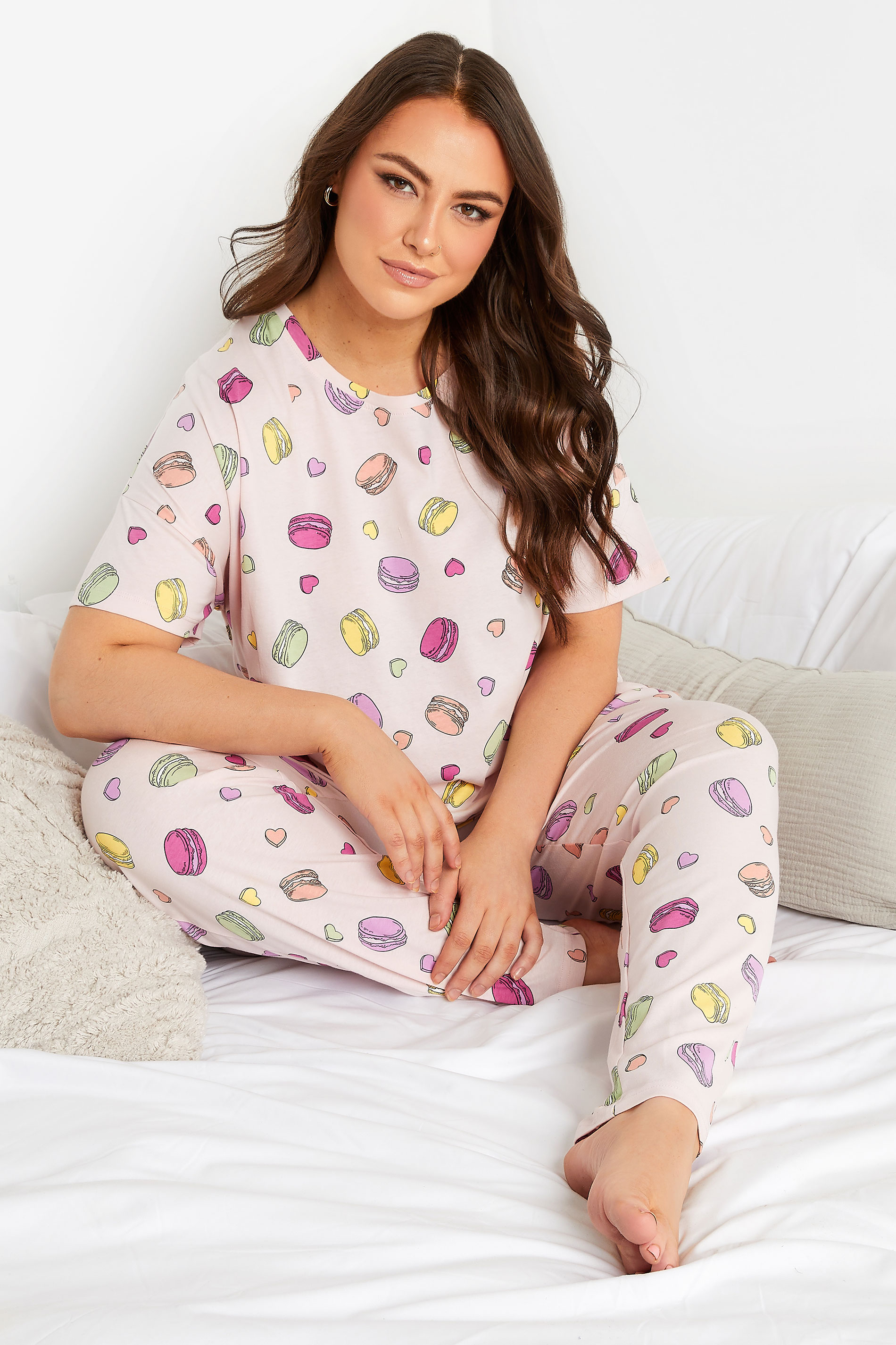 YOURS Curve Plus Size Pink Macaroon Print Pyjama Set | Yours Clothing  1