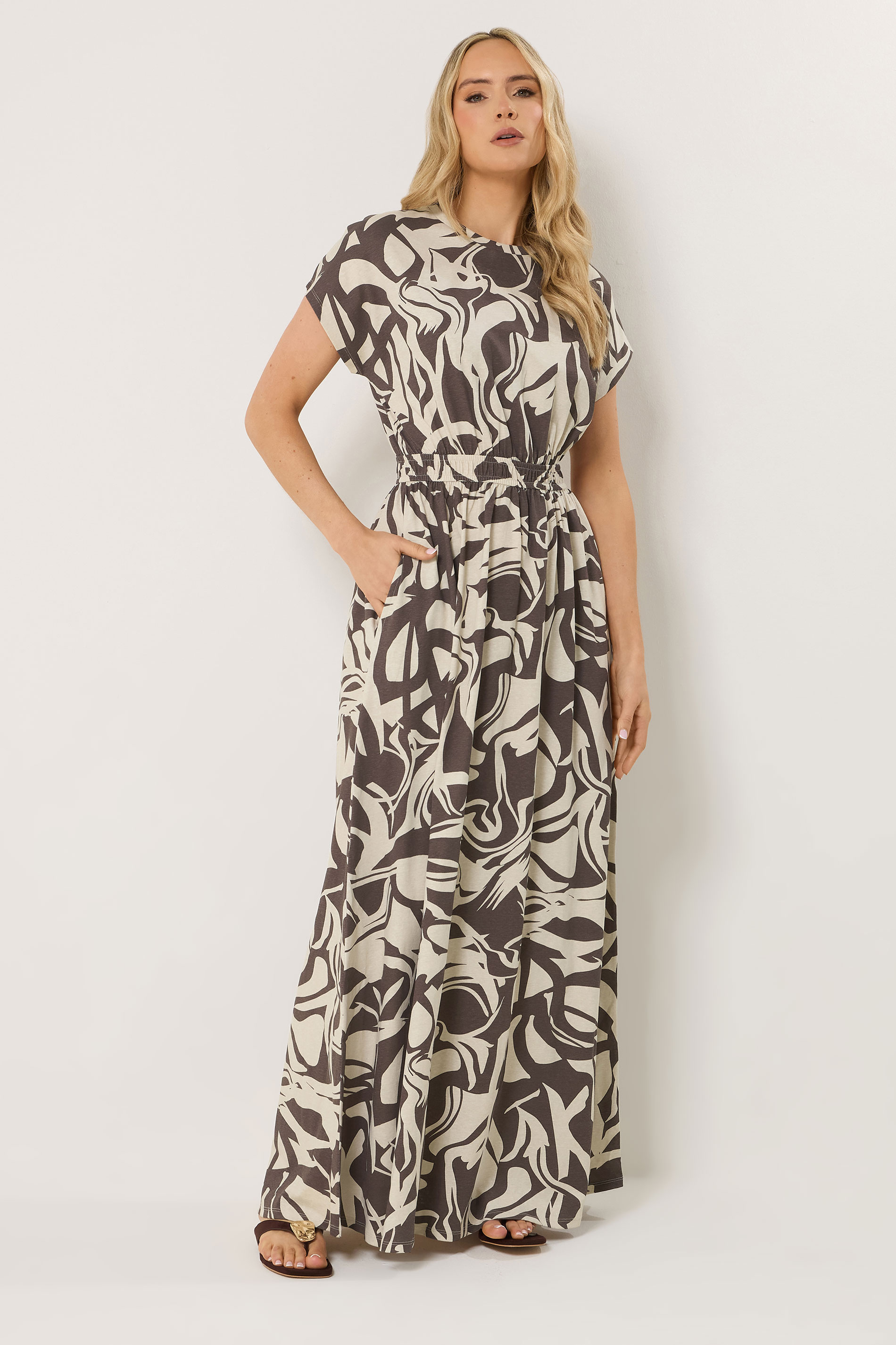 LTS Tall Women's Chocolate Brown Abstract Shirred Waist Cotton Maxi Dress | Long Tall Sally 3