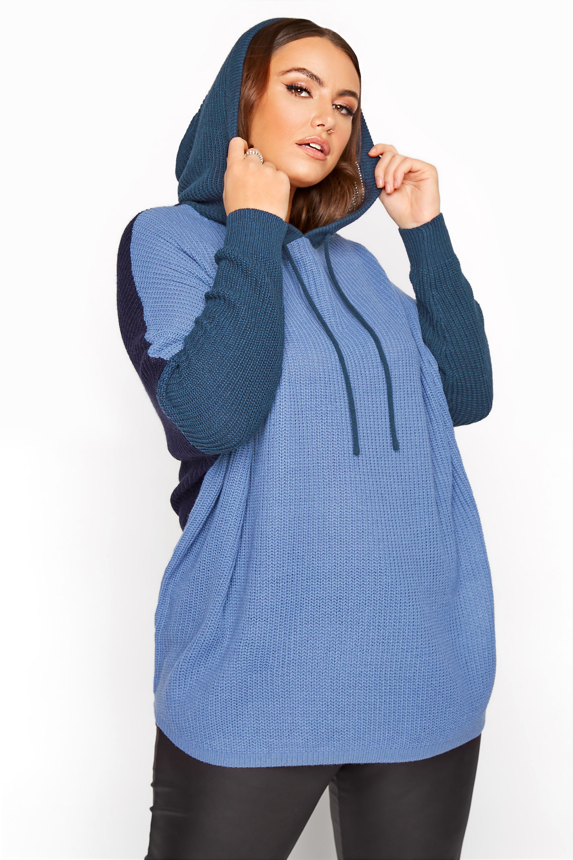 Dusty Blue Colour Block Oversized Knitted Hoodie | Yours Clothing