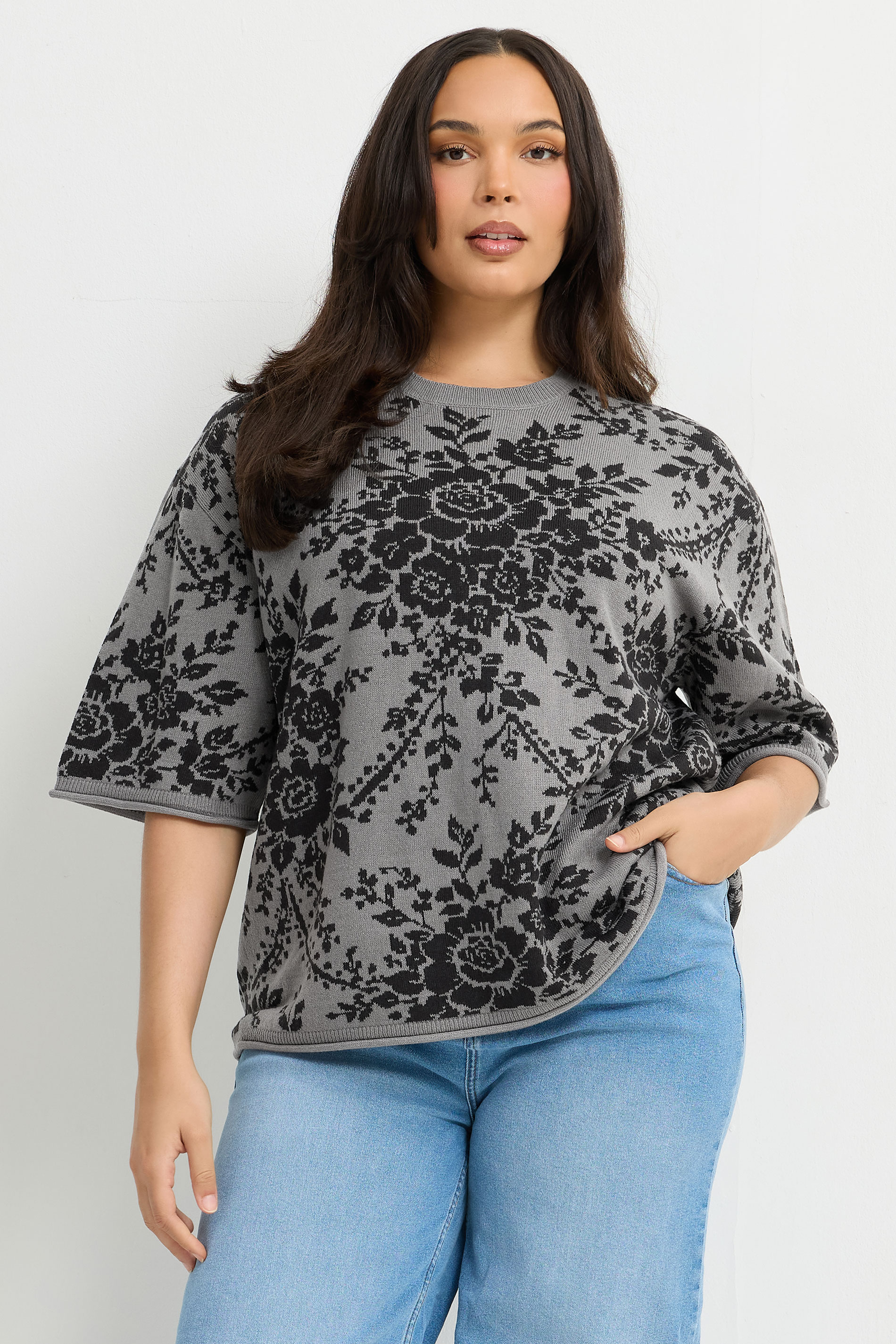 Limited Collection Limited Grijze Gebreide Boxy Top Met Kantprintsize 40-42