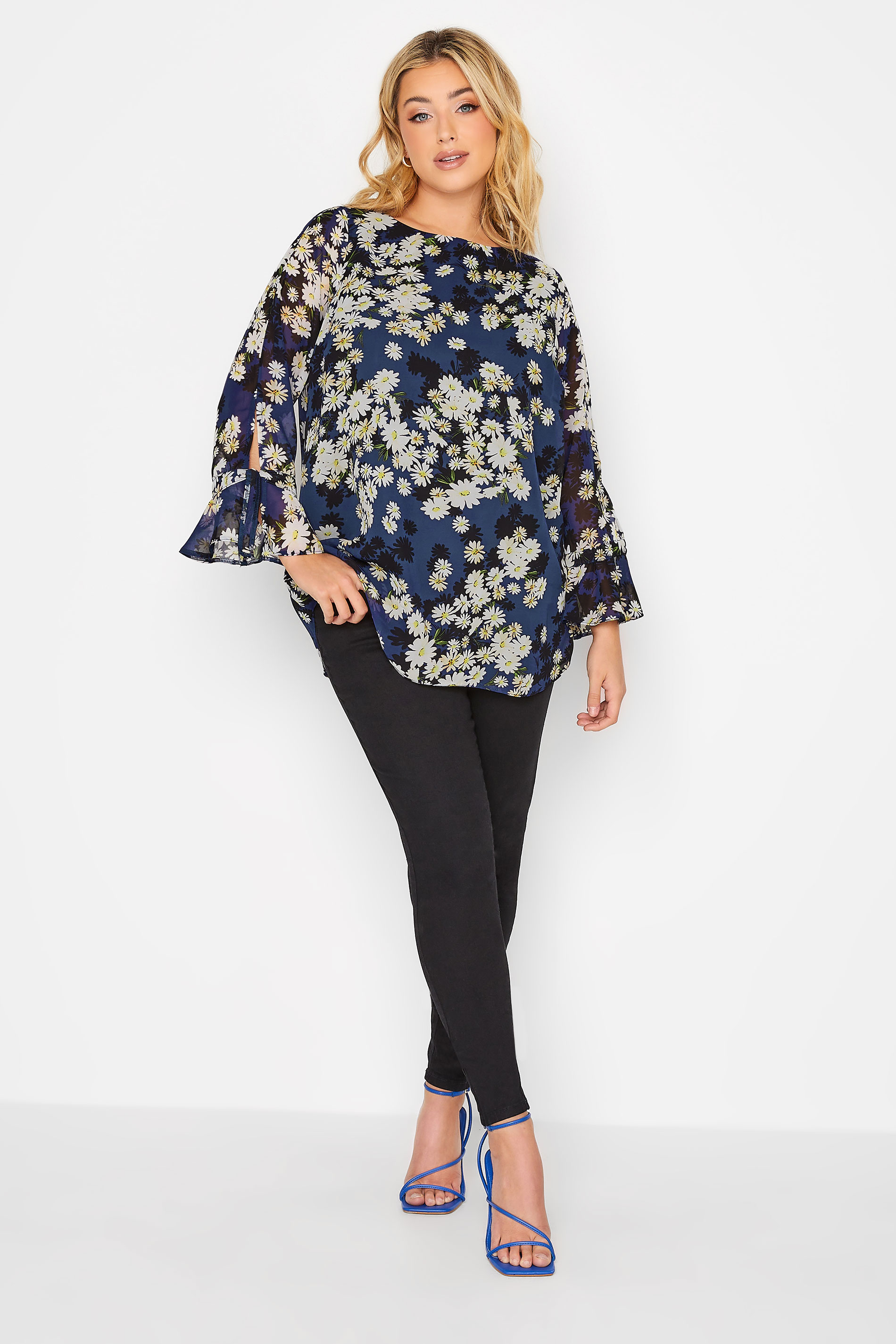 YOURS Plus Size Curve Blue Floral Bell Sleeve Blouse | Yours Clothing  2