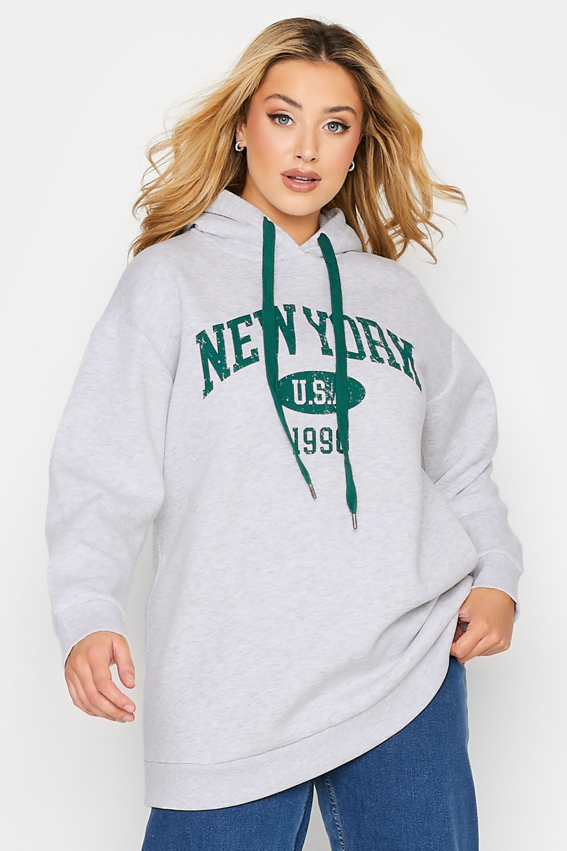 Plus Size Grey 'New York 1998' Slogan Hoodie | Yours Clothing 1