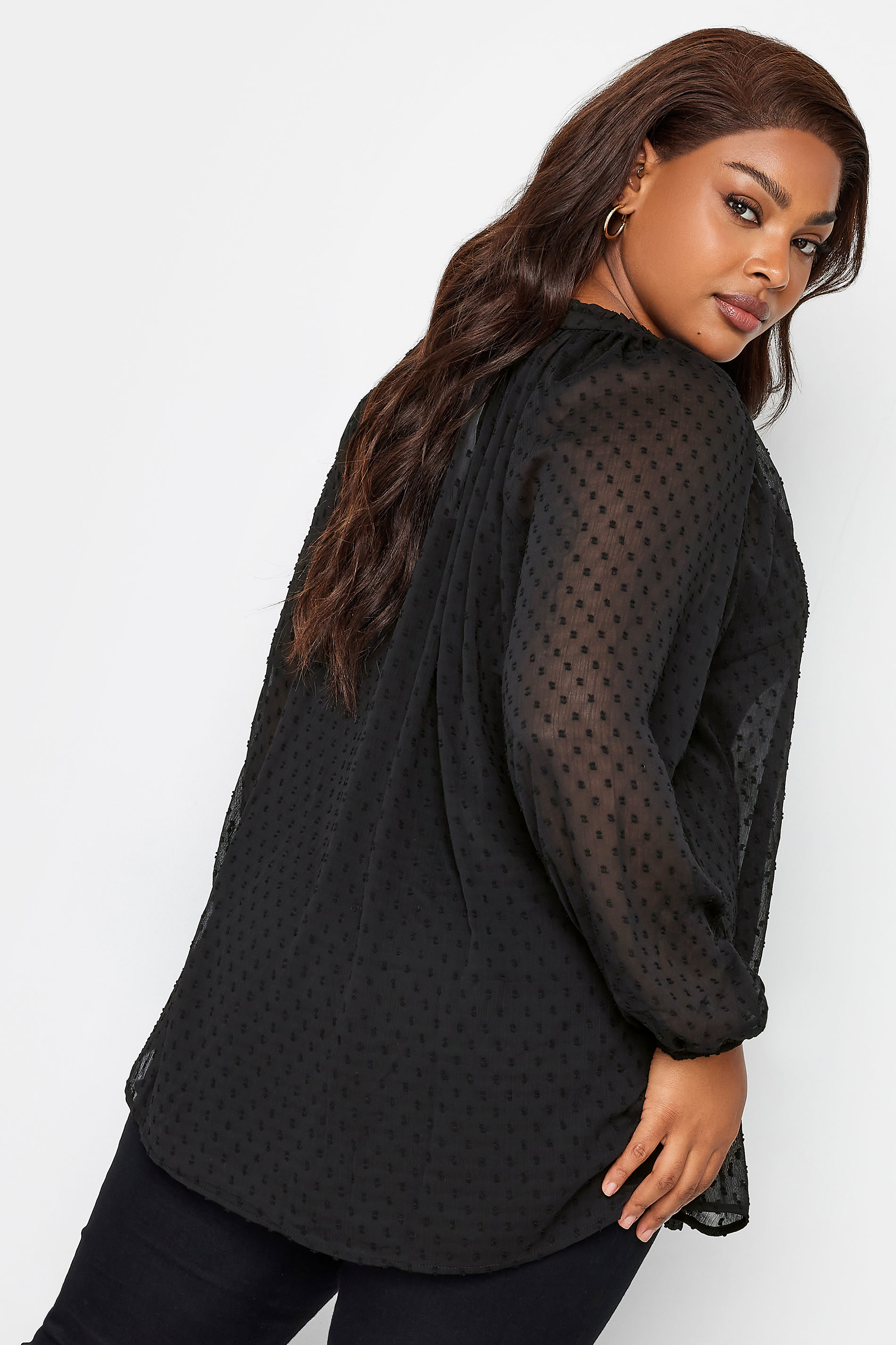 YOURS Plus Size Black Tie Neck Dobby Blouse | Yours Clothing 3