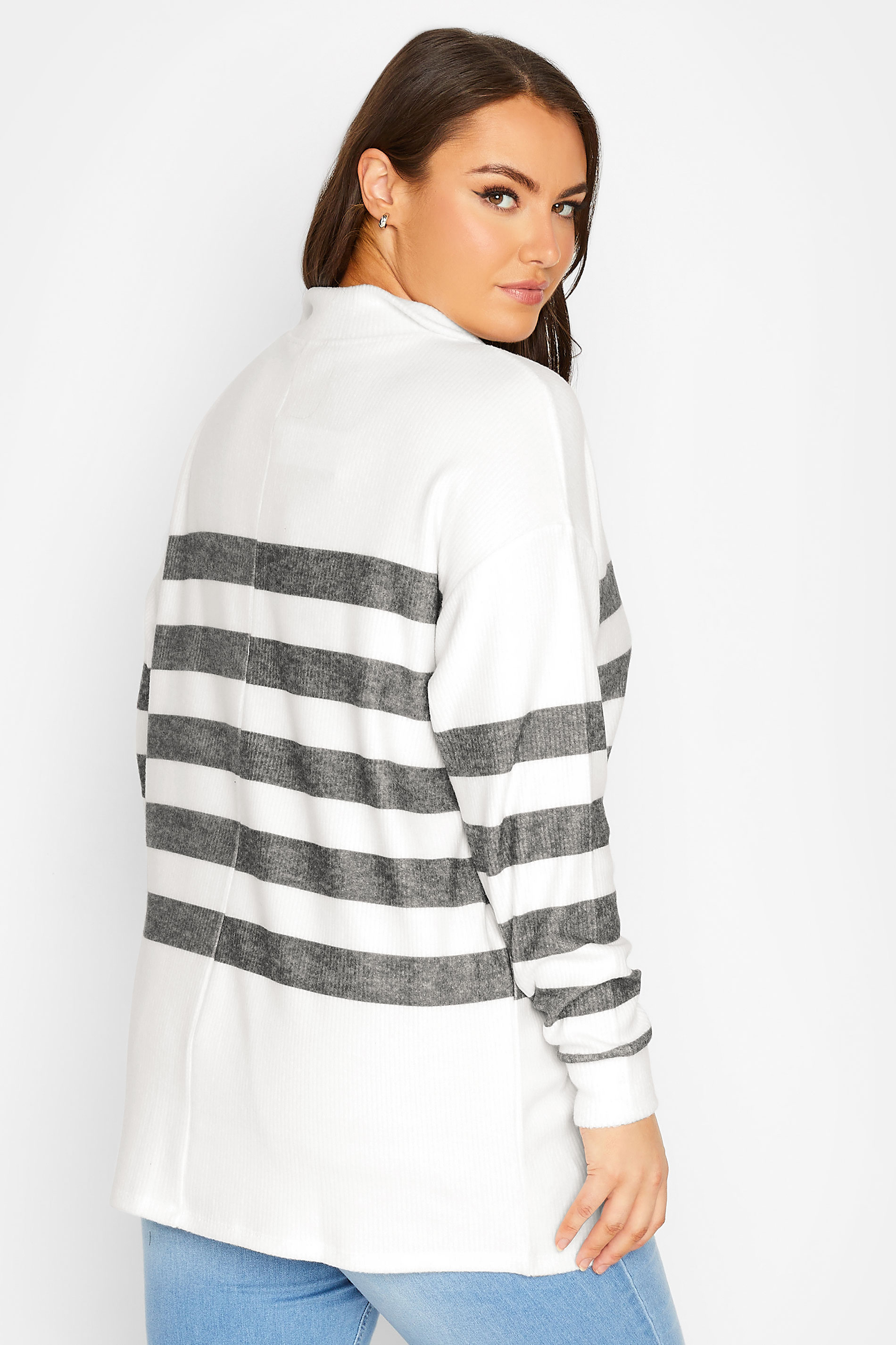 YOURS Plus Size White Stripe Quarter Zip Soft Touch Top | Yours Clothing 3