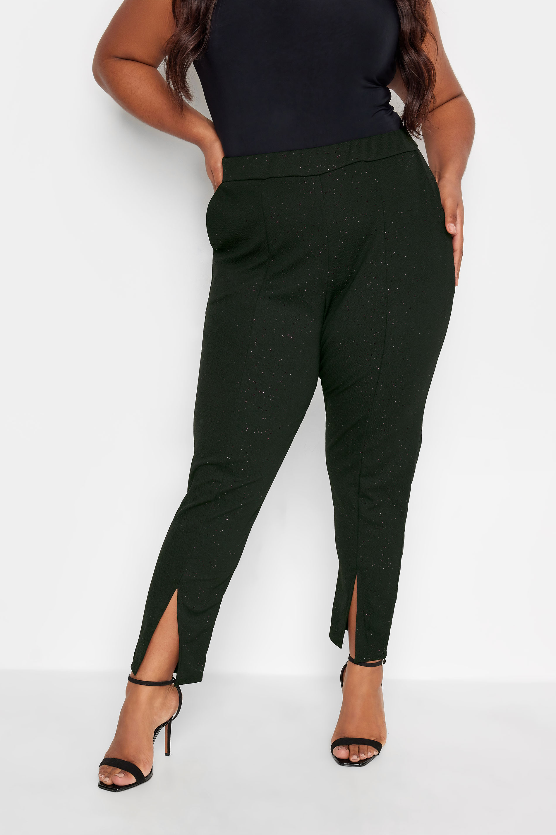 LIMITED COLLECTION Plus Size Black & Pink Glitter Split Hem Tapered Trousers | Yours Clothing 1