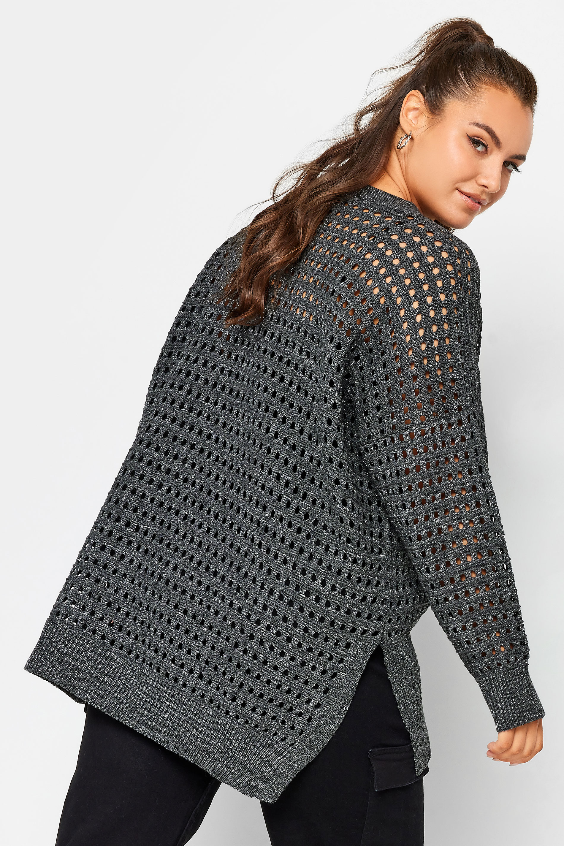 YOURS Plus Size Grey Side Split Metallic Crochet Jumper | Yours Clothing 3