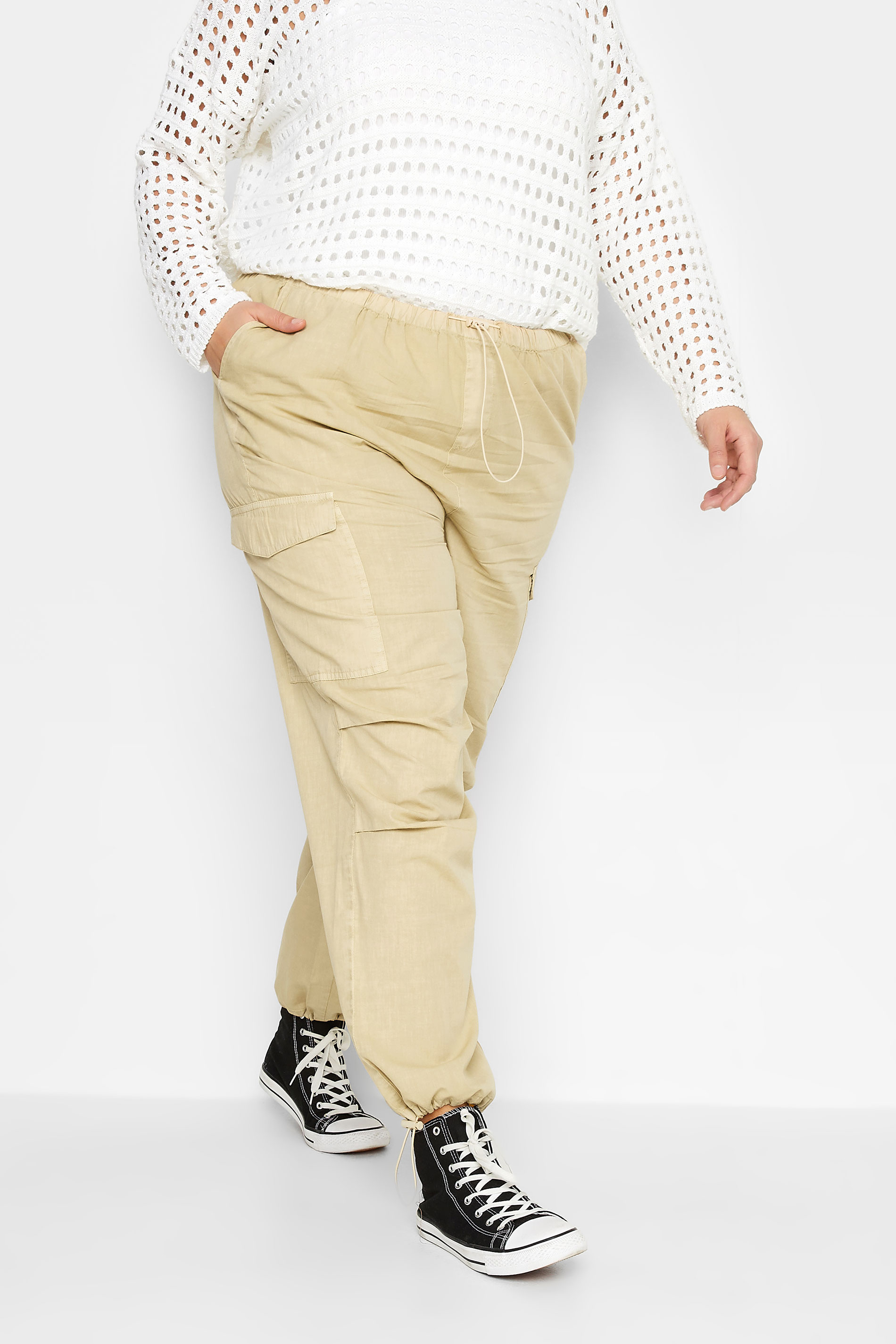 YOURS Curve Plus Size Stone Brown Cargo Parachute Trousers | Yours Clothing  2