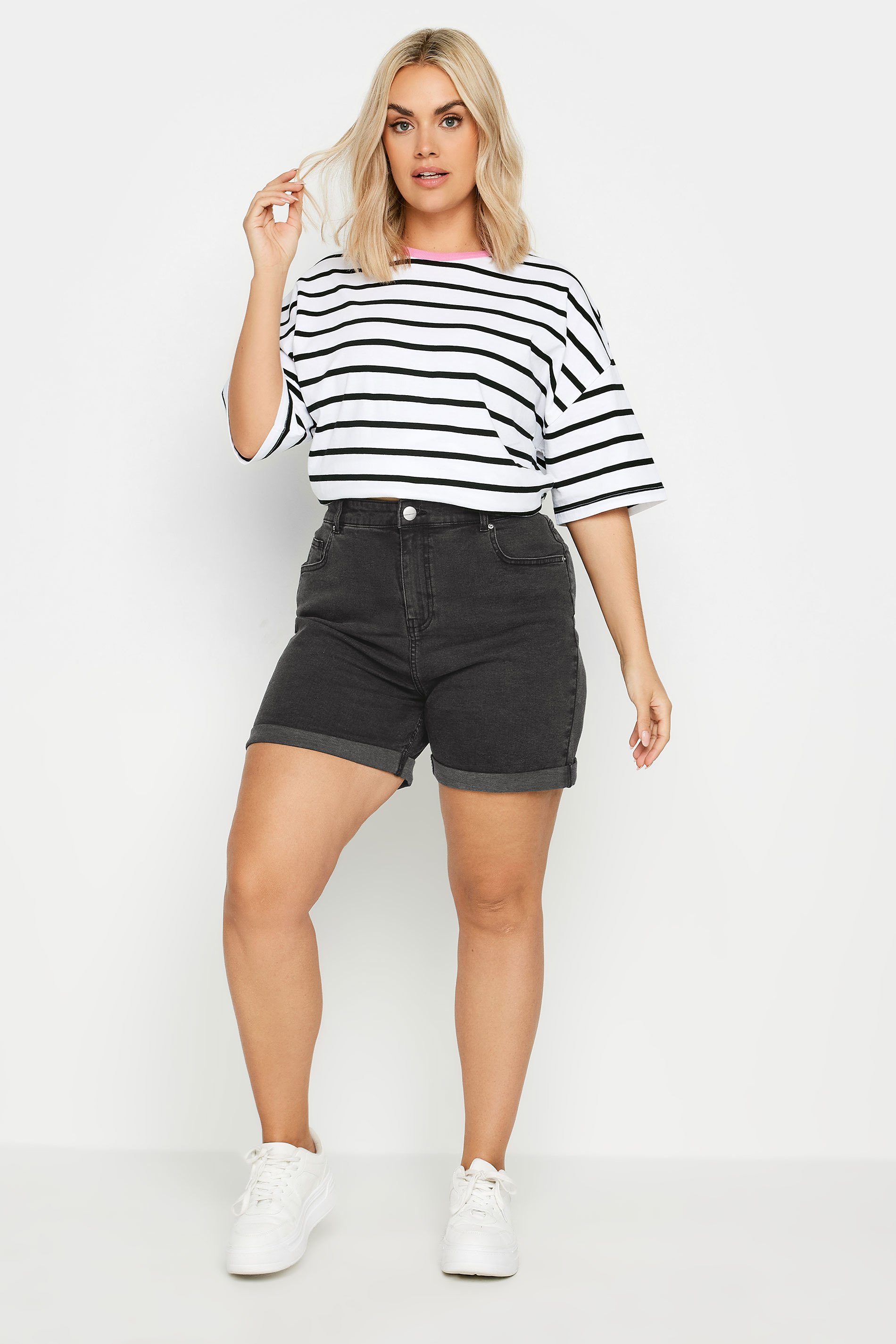 YOURS Plus Size Black Turn Up Stretch MOM Shorts | Yours Clothing 2