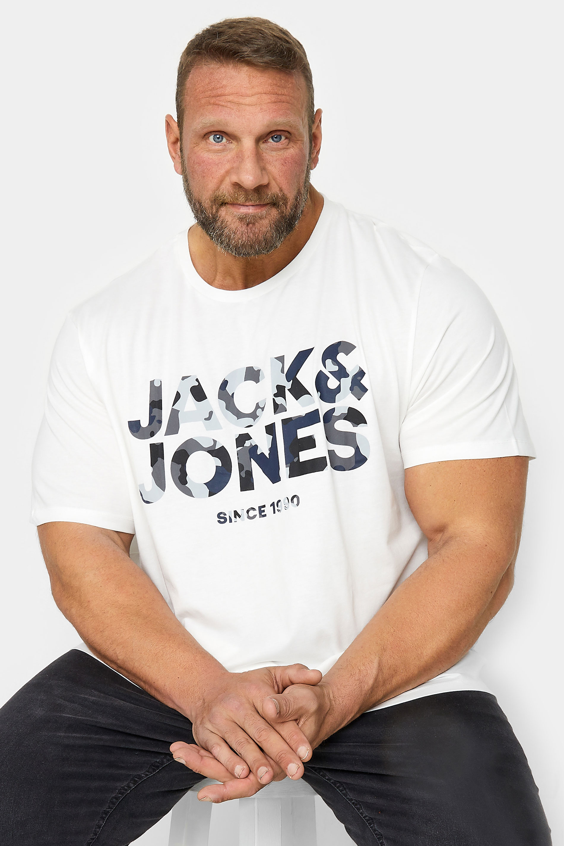 JACK & JONES Big & Tall White Camo Logo Crew Neck T-Shirt | BadRhino 1