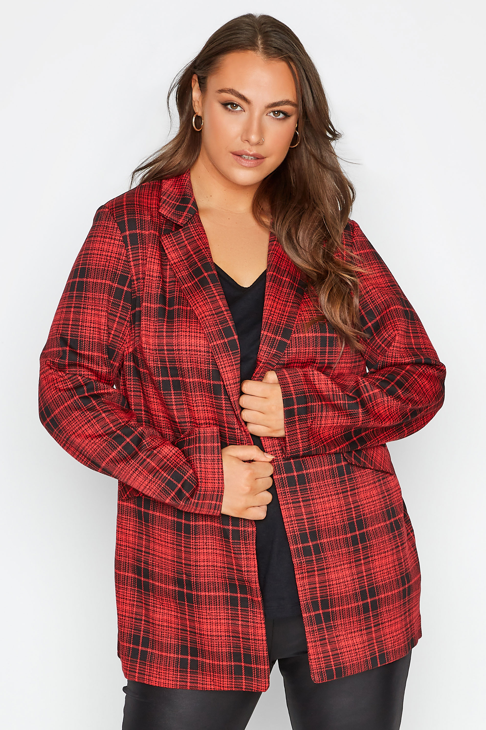 Plus Size Red Check Blazer Jacket | Yours Clothing 1