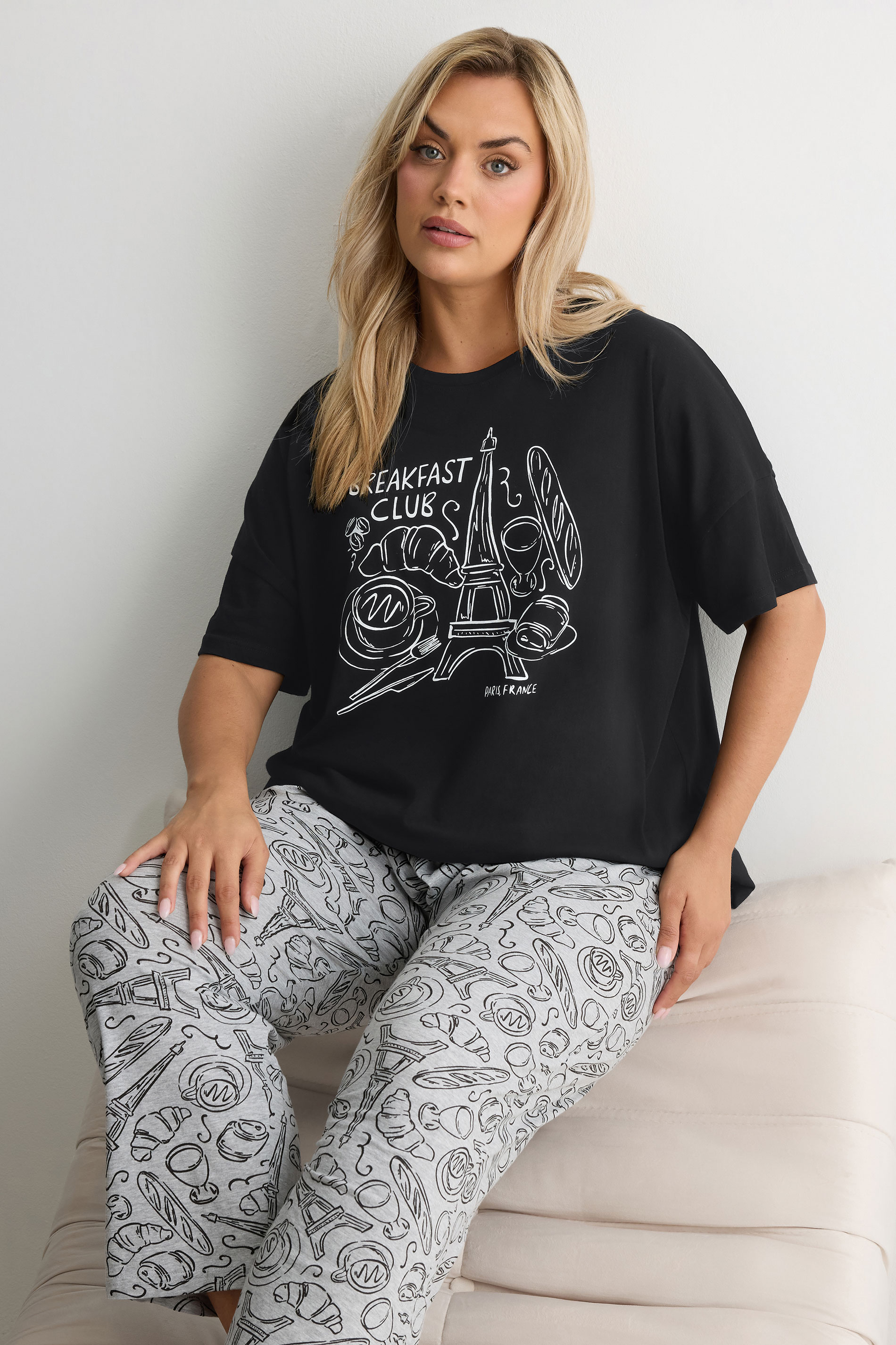 YOURS Plus Size Black 'Breakfast Club' Wide Leg Pyjama Set | Yours Clothing 3