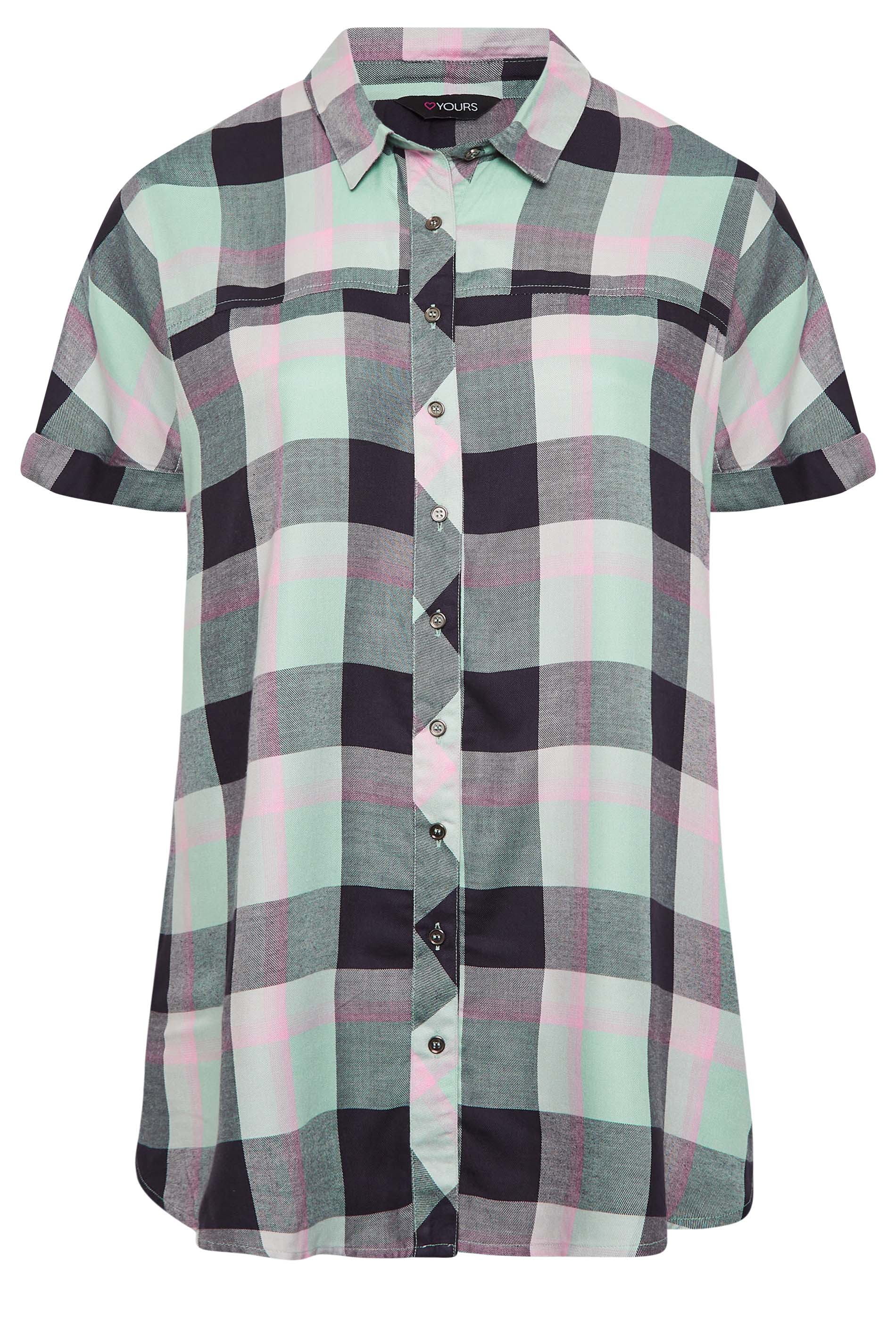 YOURS Plus Size Curve Mint Green & Navy Blue Check Short Sleeve Shirt ...
