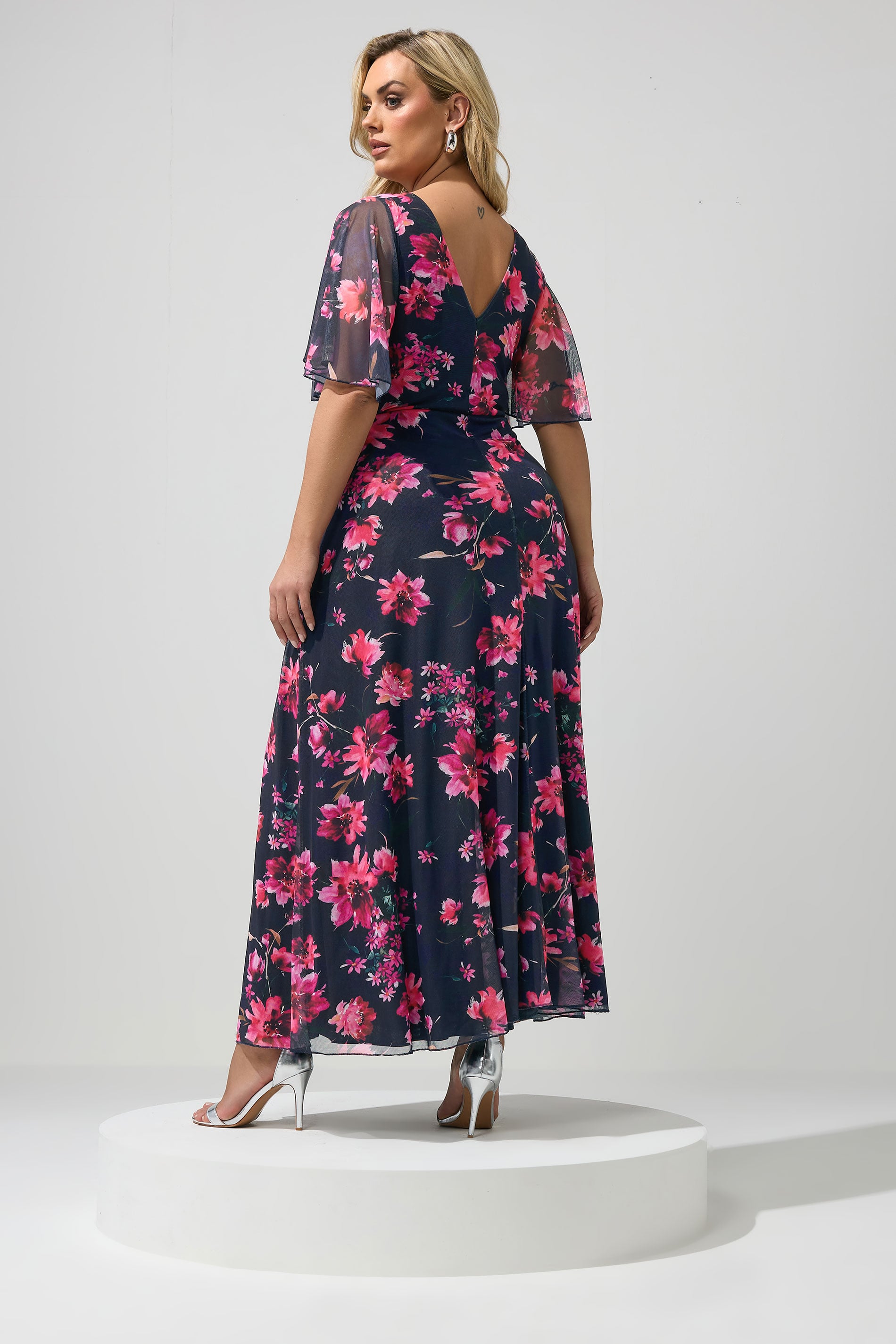 YOURS LONDON Plus Size Navy Blue Floral Angel Sleeve Maxi Dress | Yours Clothing 2