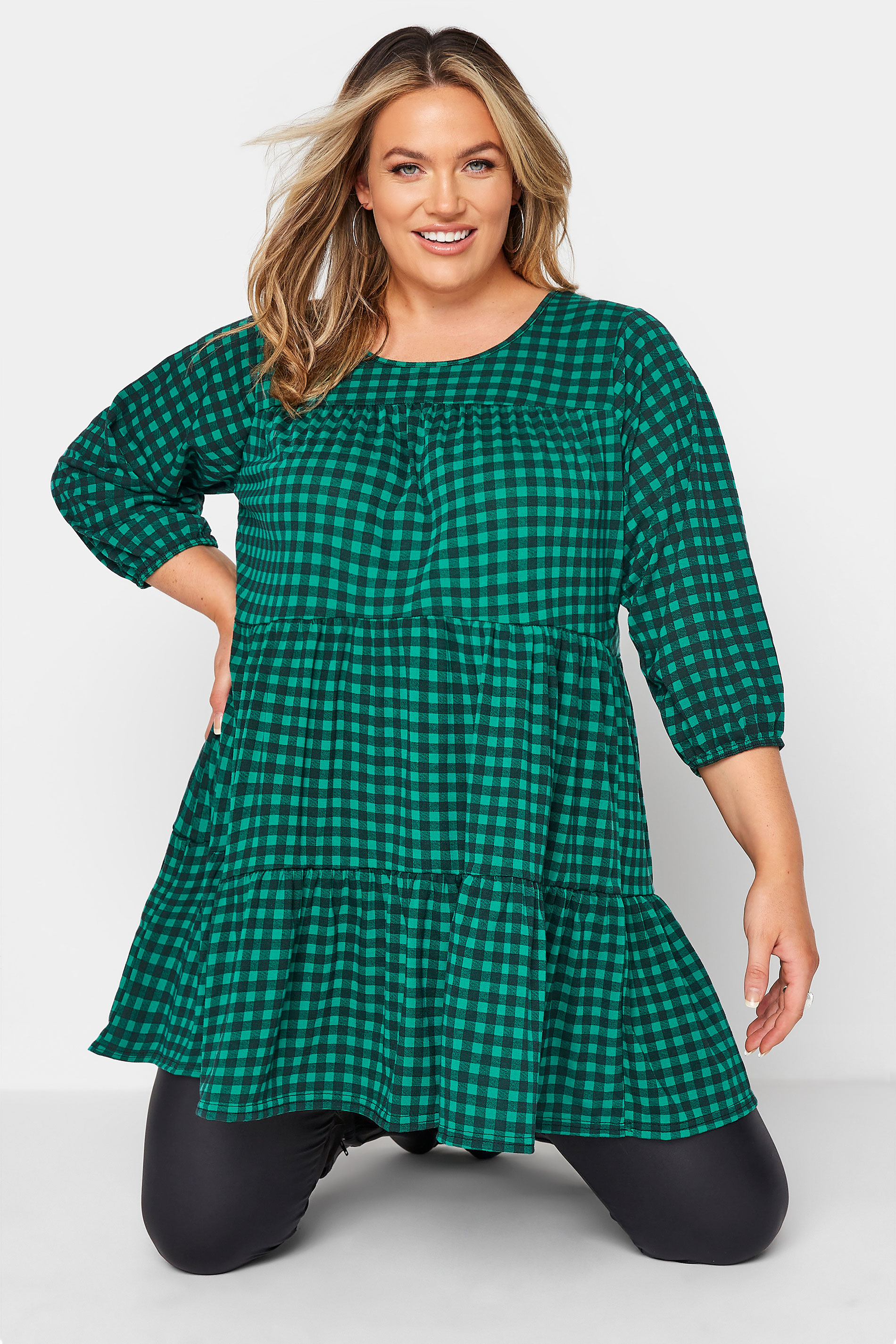 LIMITED COLLECTION Green Check Balloon Sleeve Top_A.jpg