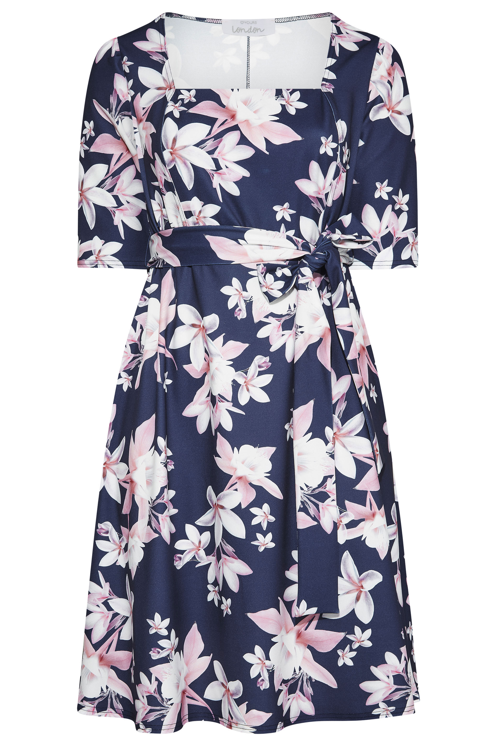Robes Grande Taille Grande taille  Robes Imprimé Floral | YOURS LONDON - Robe Bleue Marine Floral Manches Courtes - XM72524