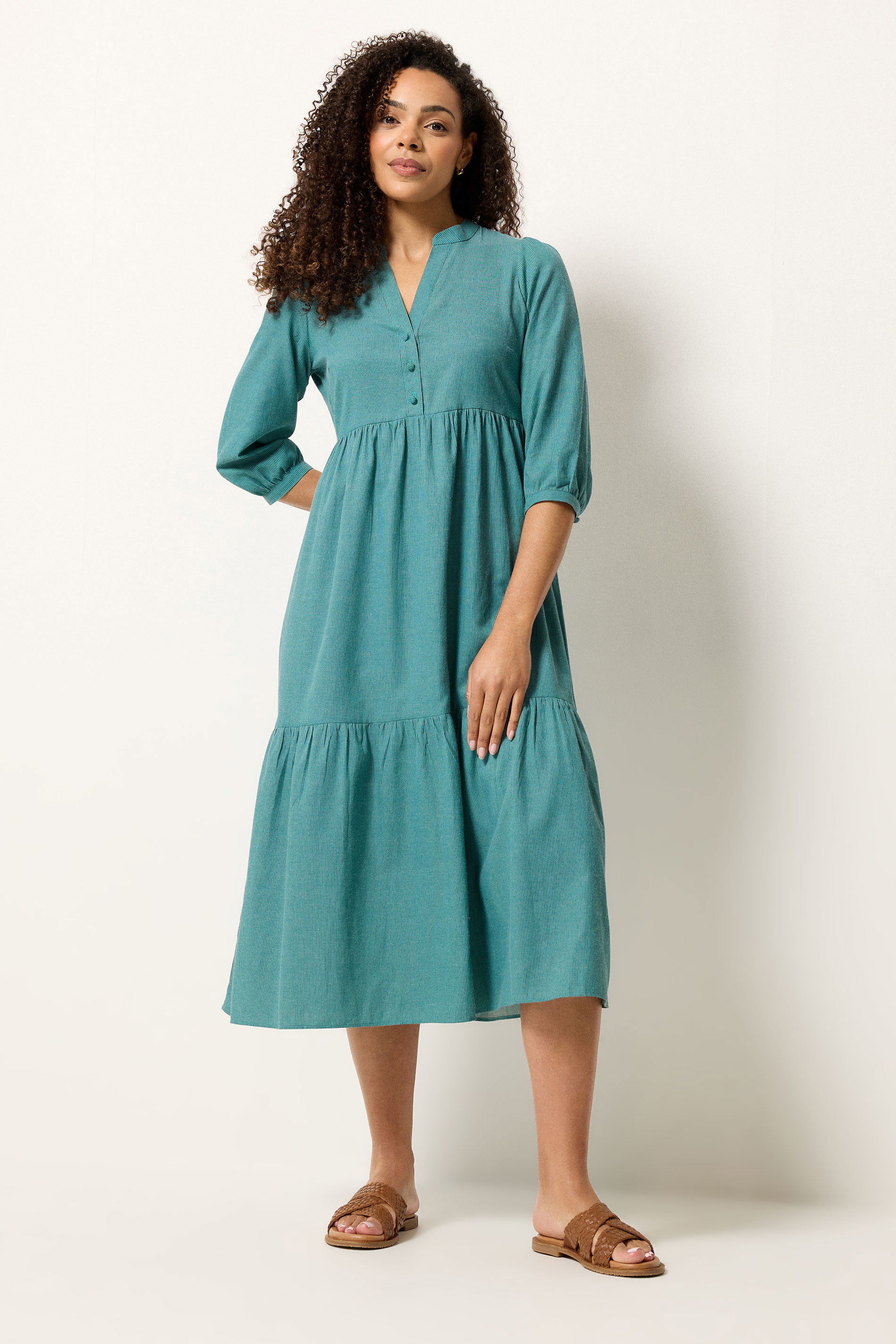 M&Co Green Fine Stripe Tiered Maxi Dress | M&Co 1
