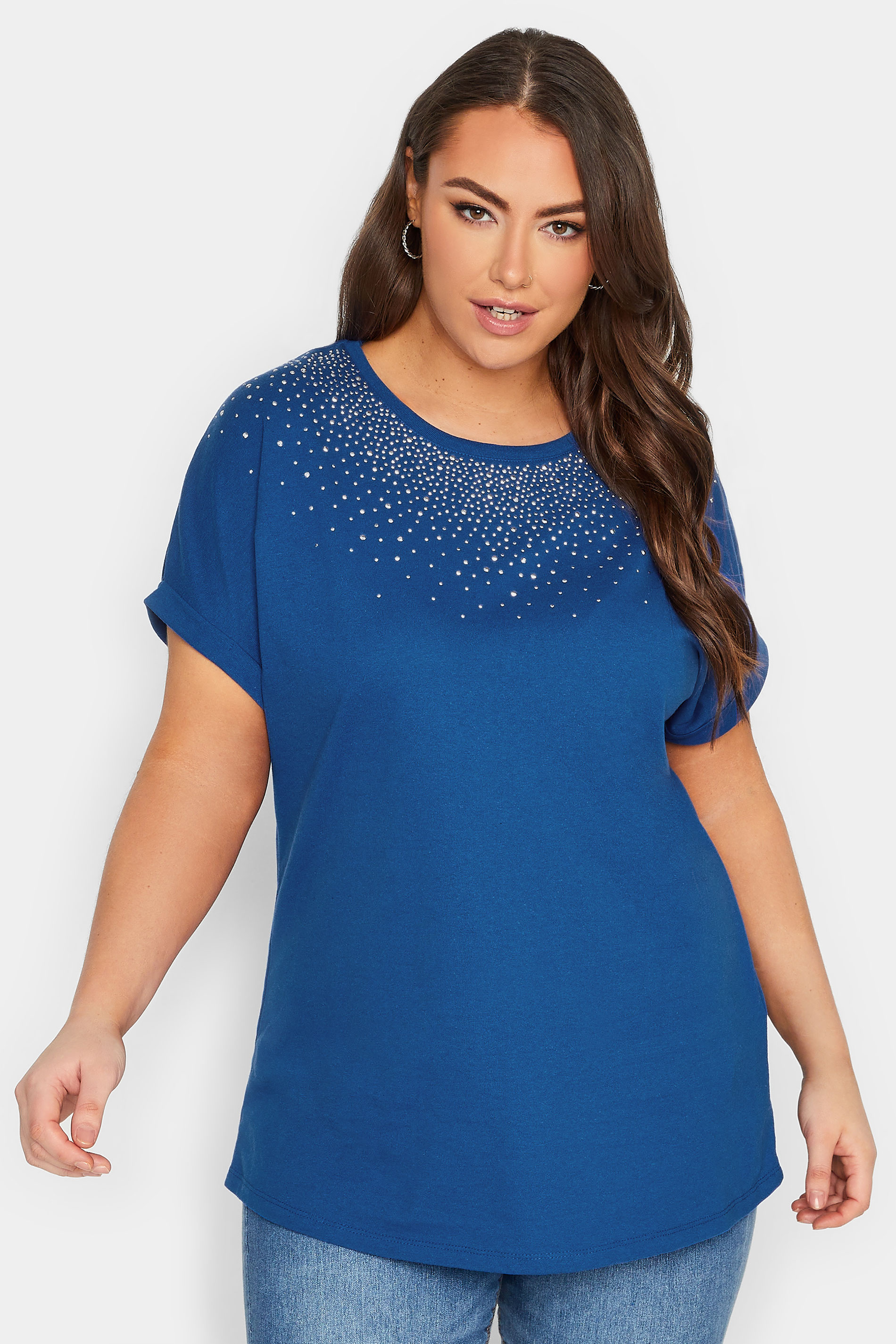 YOURS Plus Size Cobalt Blue Embellished Neck T-Shirt | Yours Clothing 1