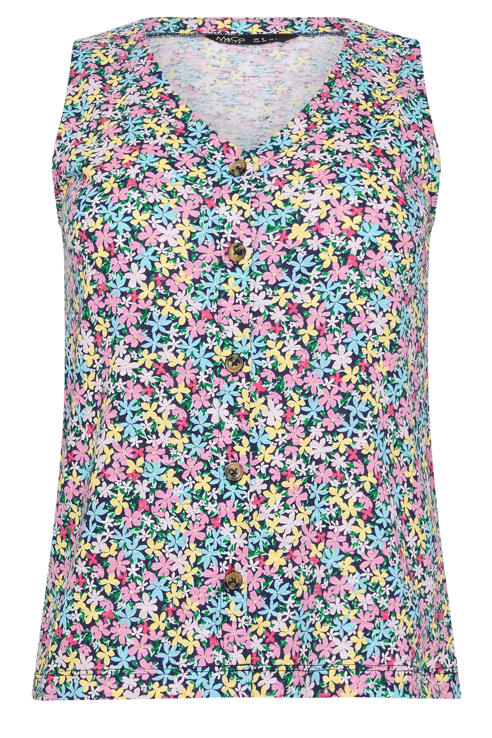 M&Co Petite Pink Floral Print Cotton Button Vest Top | M&Co 5
