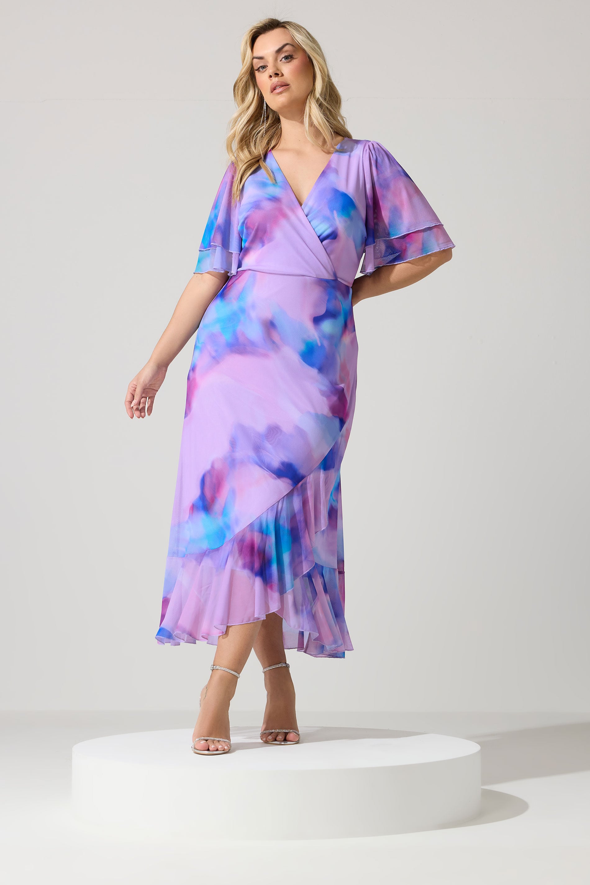 YOURS LONDON Plus Size Purple Abstract Wrap Ruffle Hem Dress | Yours Clothing 1