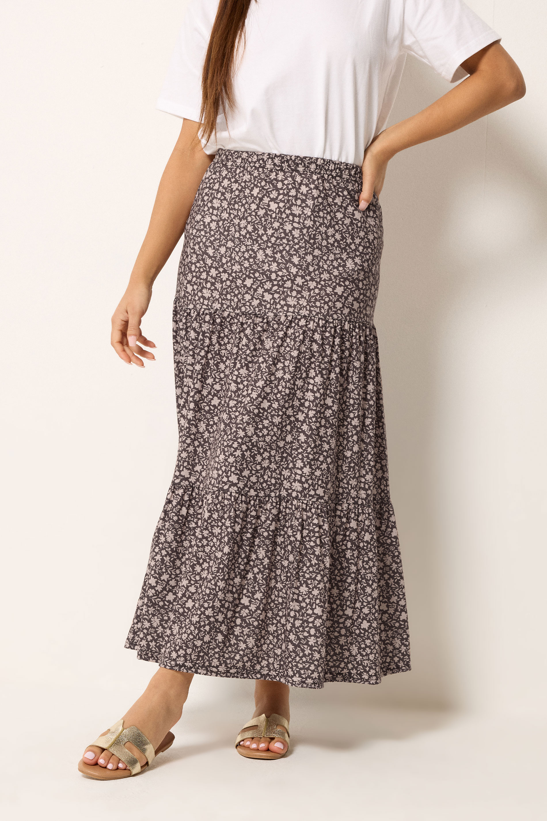 M&Co Petite Brown Floral Tiered Maxi Skirt | M&Co 3