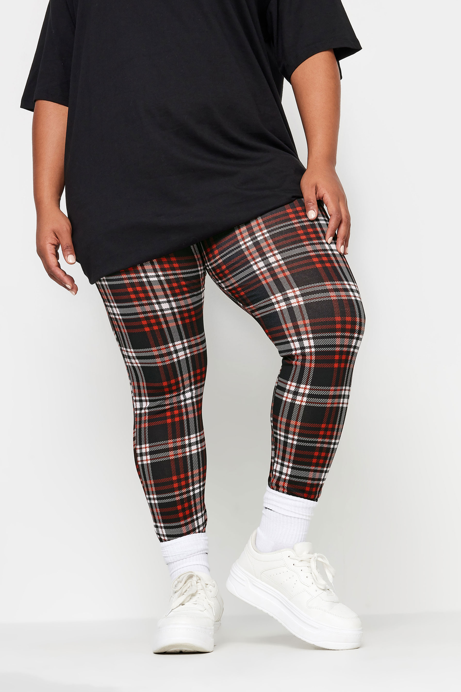 YOURS Plus Size Black & Red Check Print Leggings | Yours Clothing 1