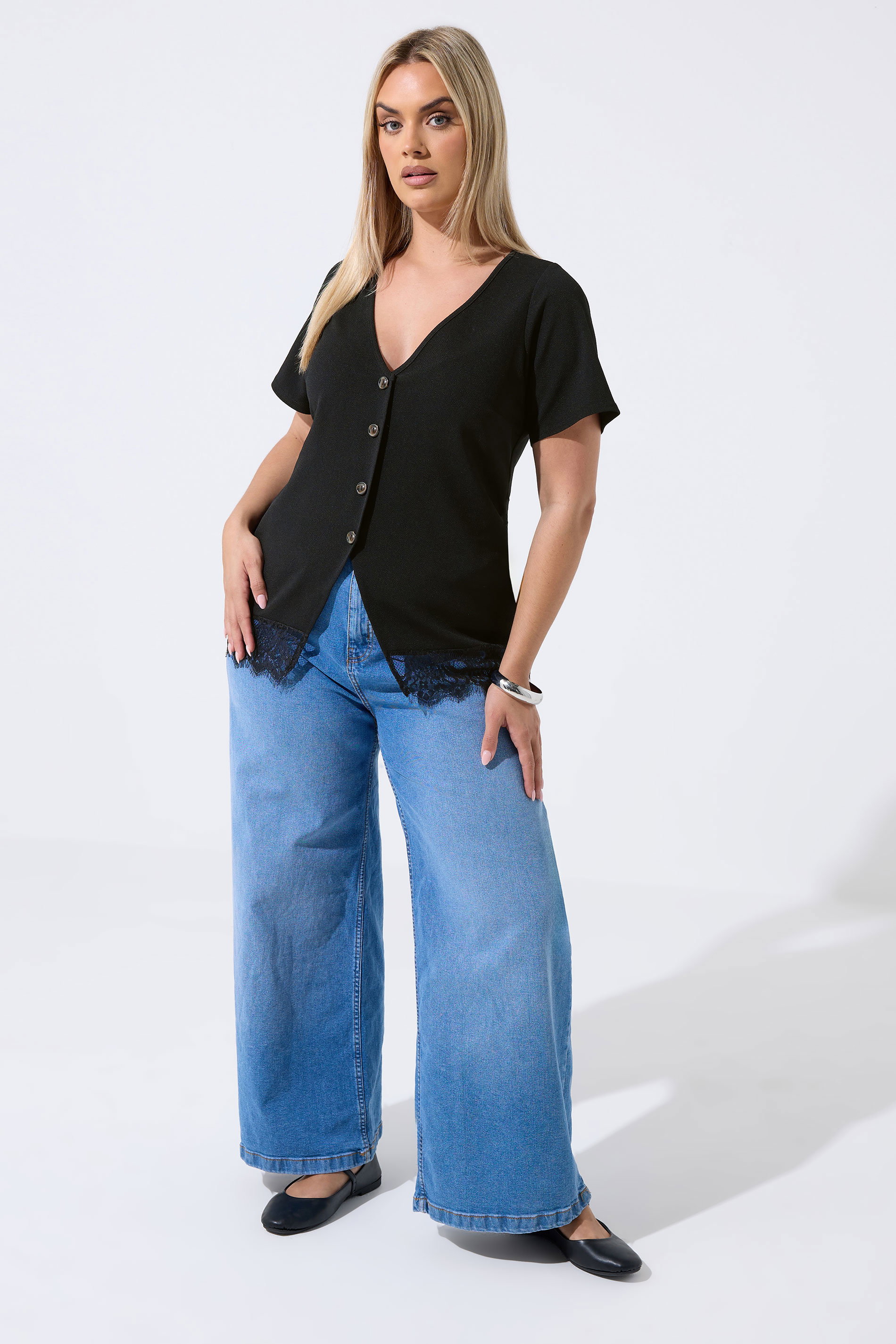 LIMITED COLLECTION Plus Size Black V-Neck Lace Hem Top | Yours Clothing 1