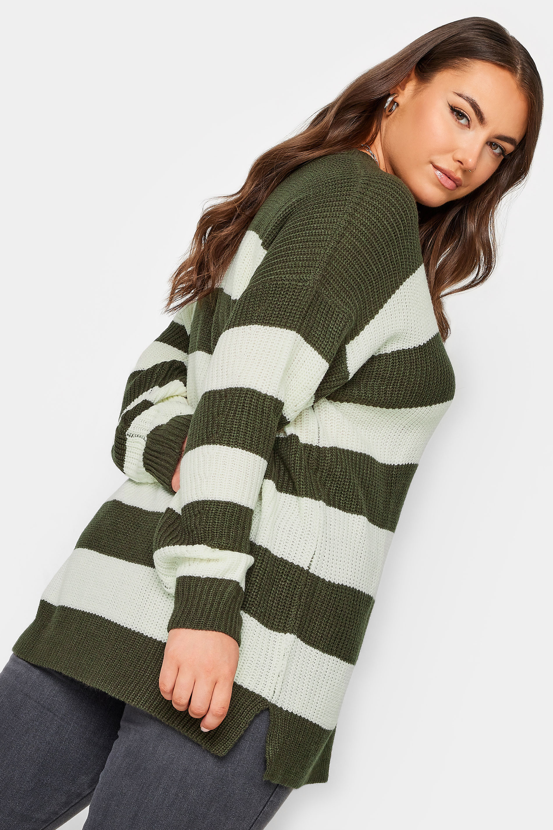 YOURS Plus Size Green Striped Ribbed Knit Jumper | Yours Clothing 3